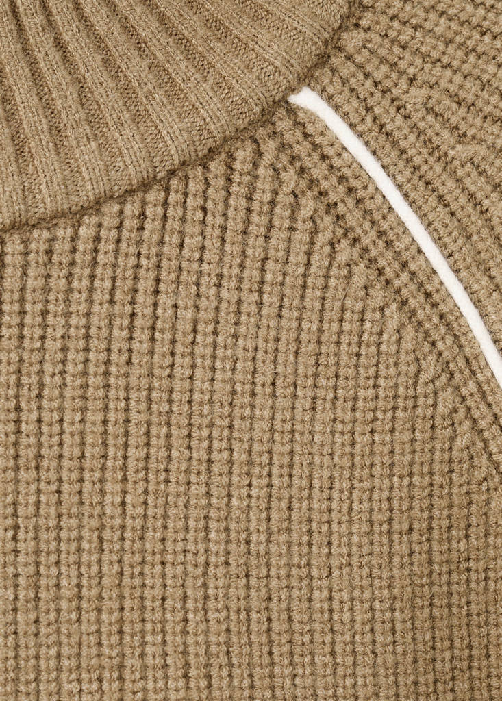 Sweater with contrasting stripes and perkins collar — Medium Brown