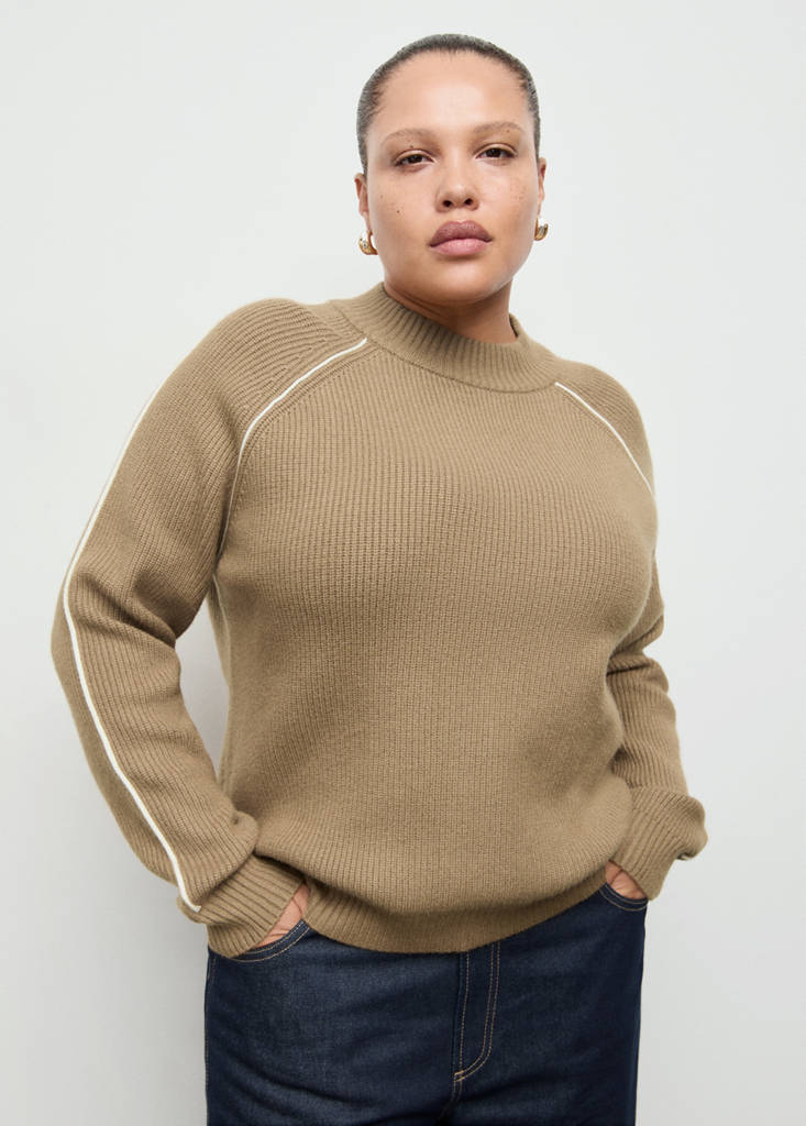 Sweater with contrasting stripes and perkins collar — Medium Brown