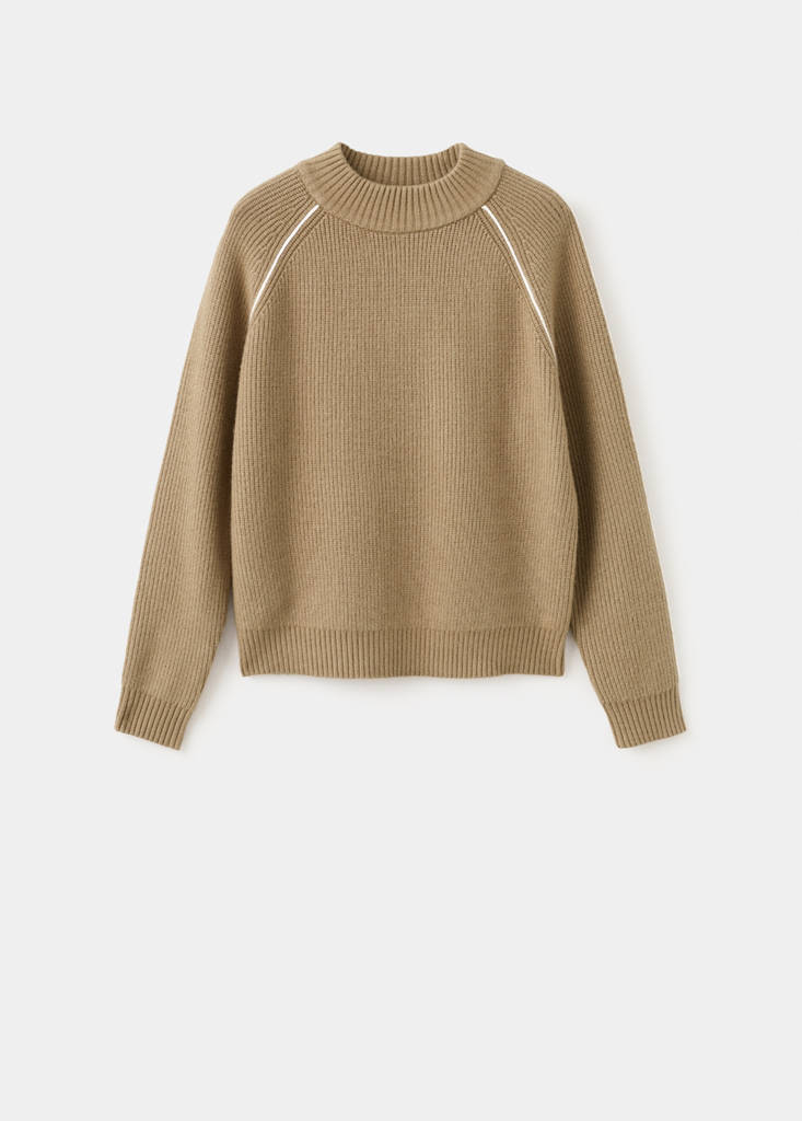 Sweater with contrasting stripes and perkins collar — Medium Brown