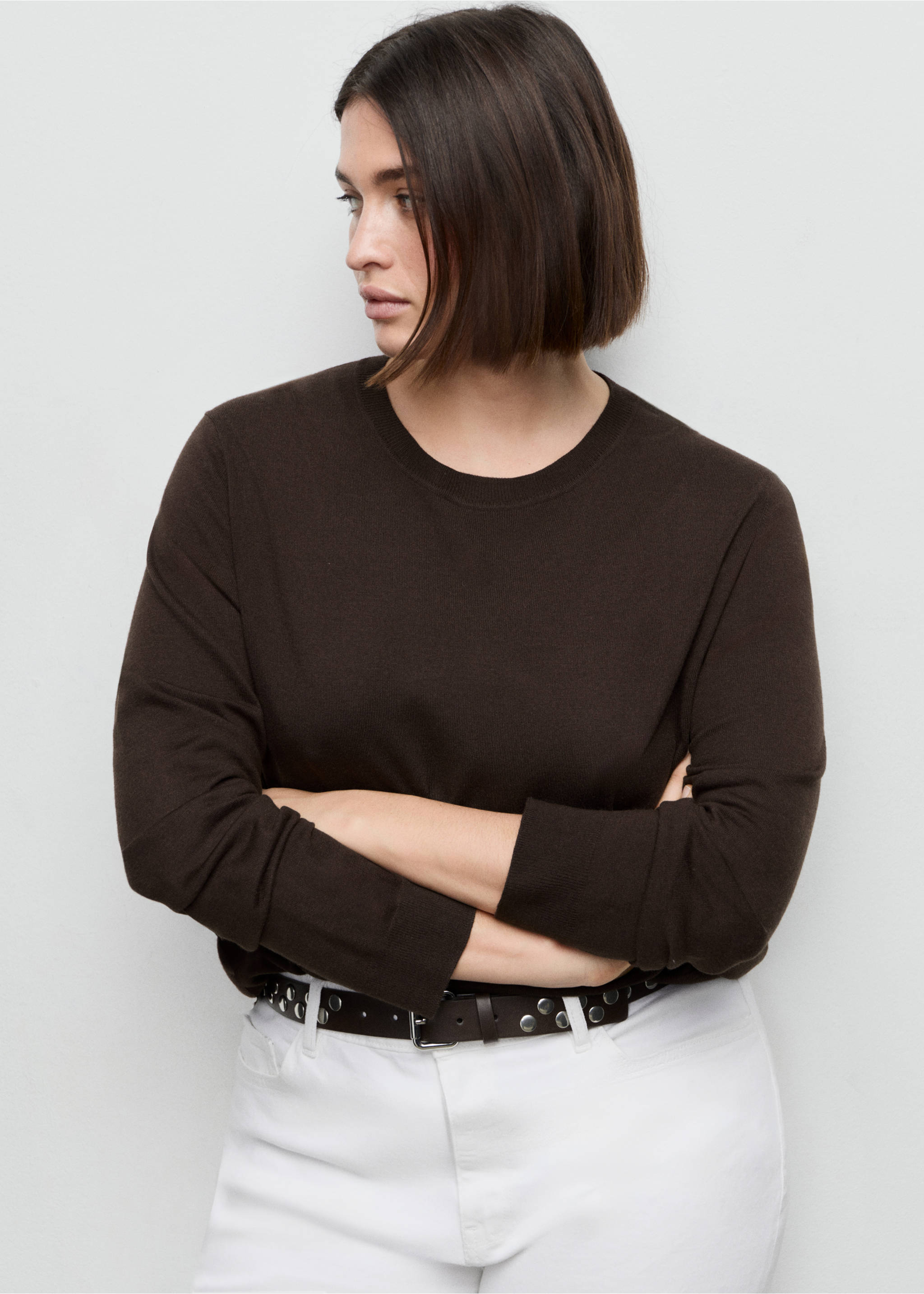 Fine-knit crew-neck sweater - Details of the article 5, Chocolate. Ref: 27031275-00.