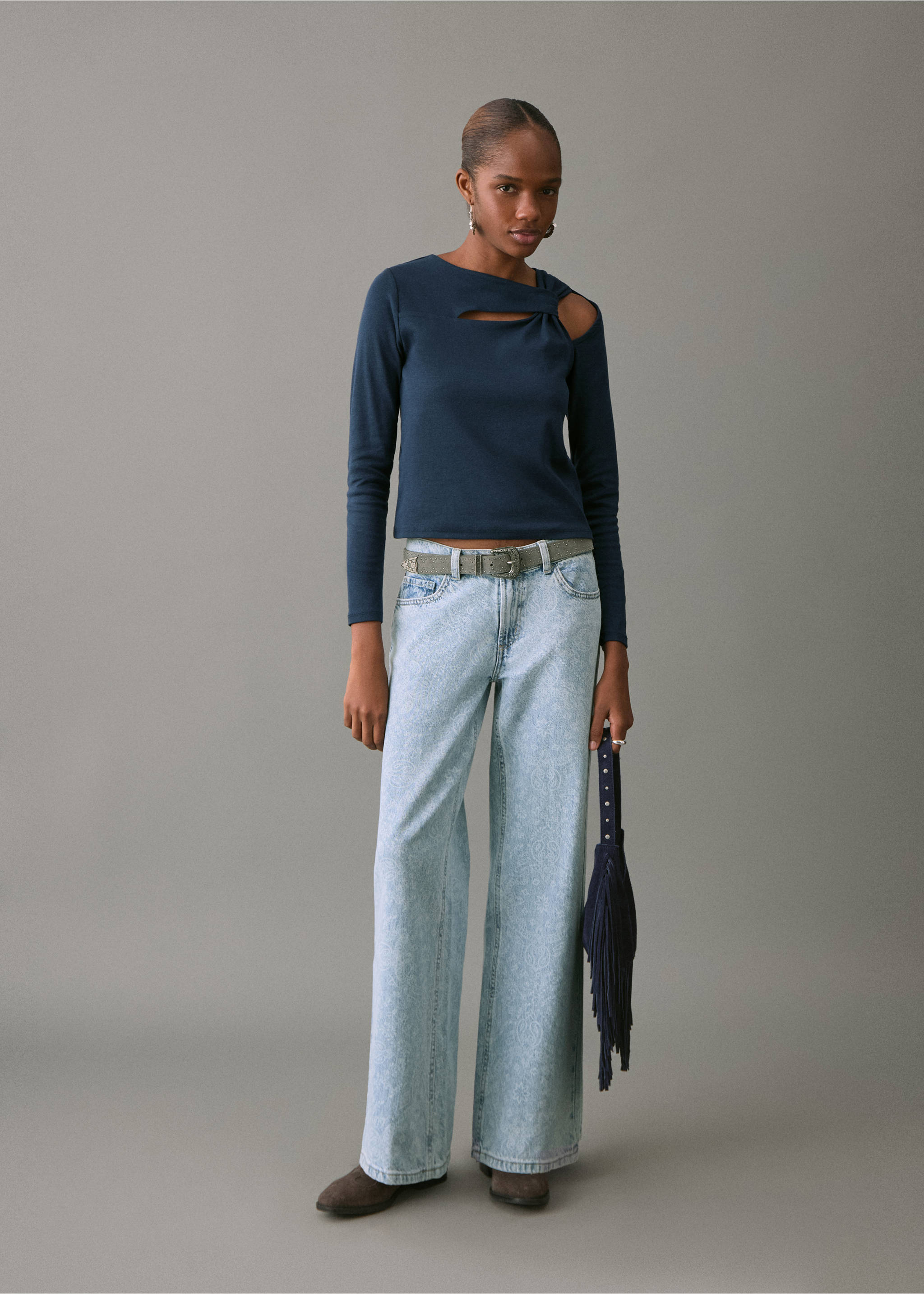 Широкие джинсы wide leg с принтом пейсли - Общий план, Светло-синий. Ref: 27031282-00.