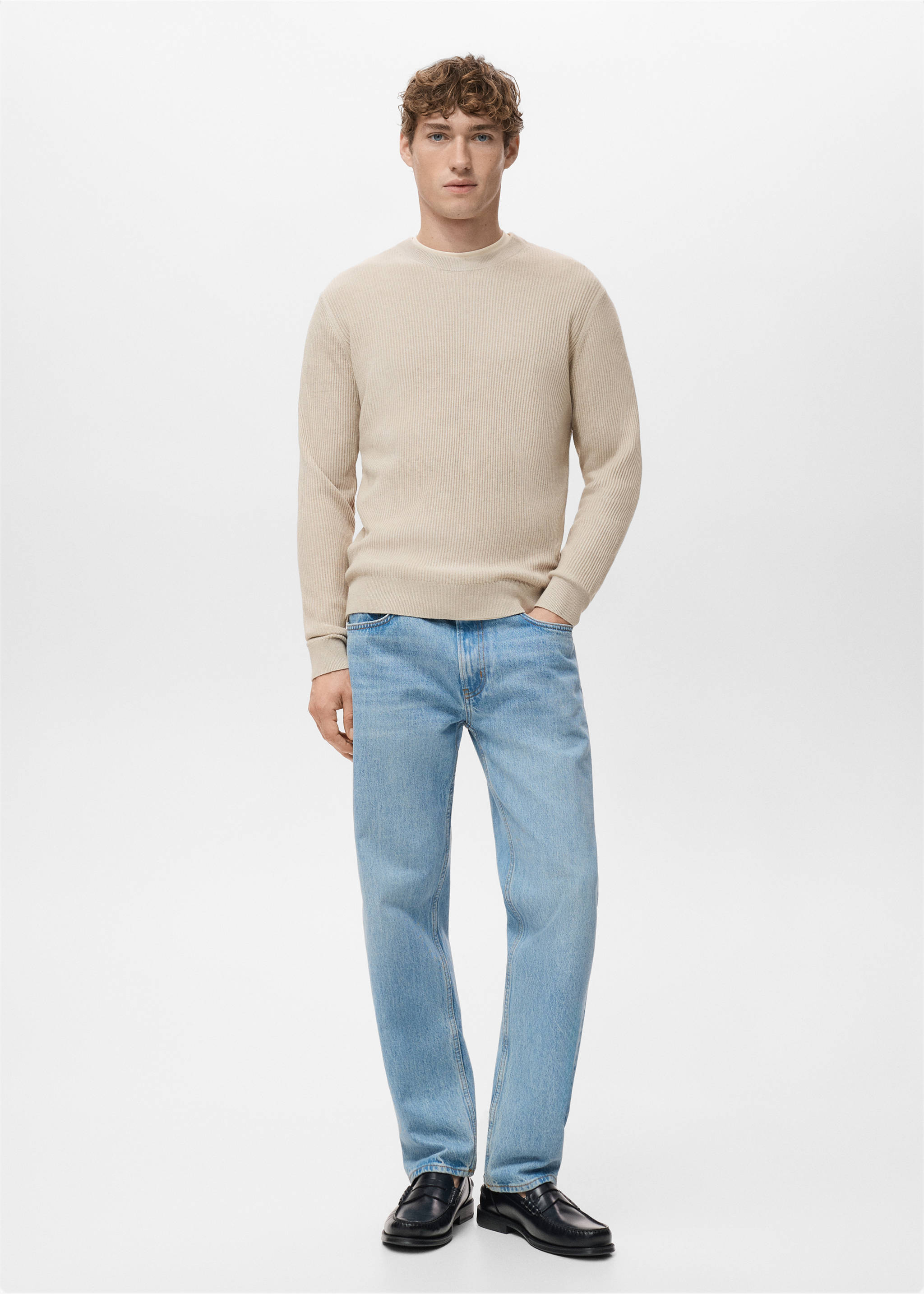 Fine rib-knit cotton sweater - General plane, Beige. Ref: 27031288-00.