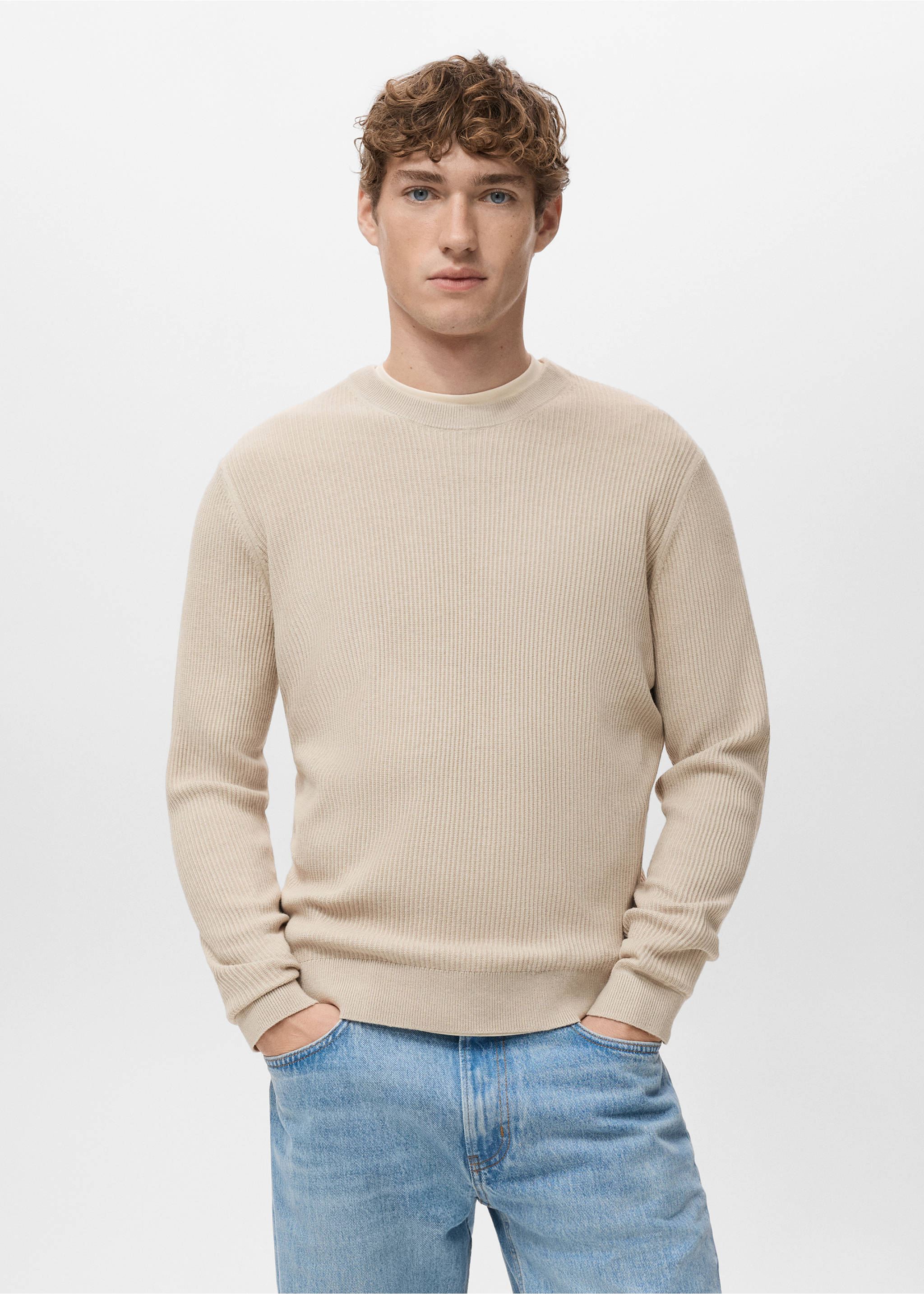 Fine rib-knit cotton sweater - Medium plane, Beige. Ref: 27031288-00.