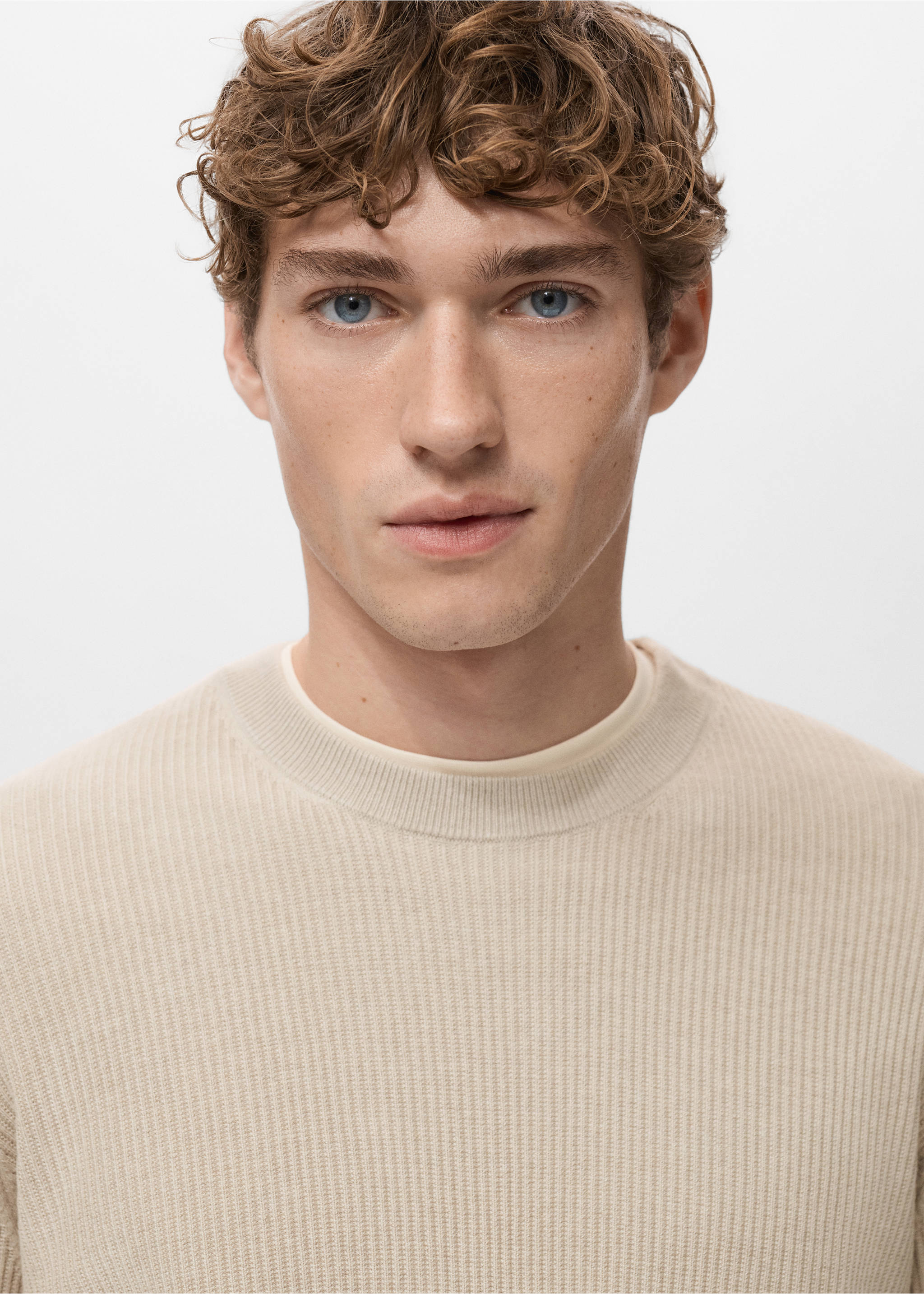 Fine rib-knit cotton sweater - Details of the article 1, Beige. Ref: 27031288-00.