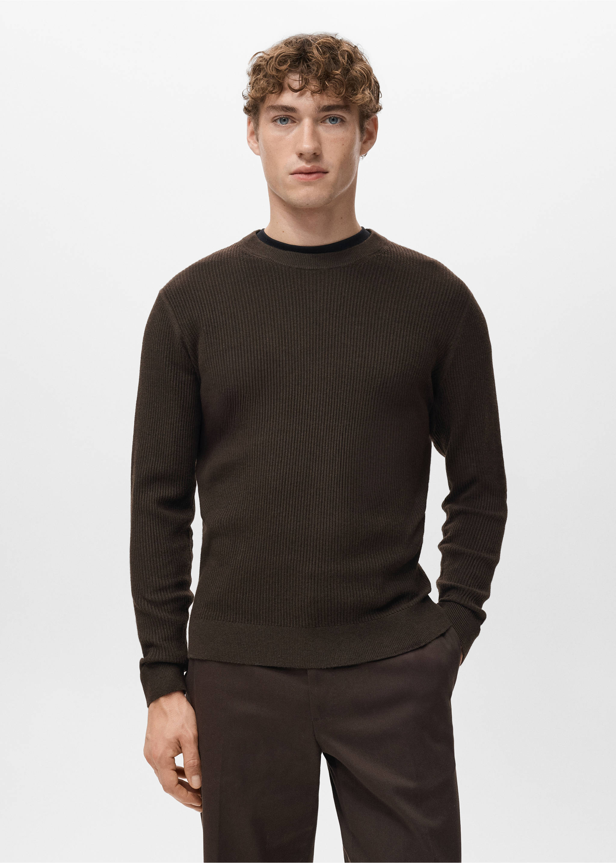 Fine rib-knit cotton sweater - Medium plane, Chocolate. Ref: 27031288-00.