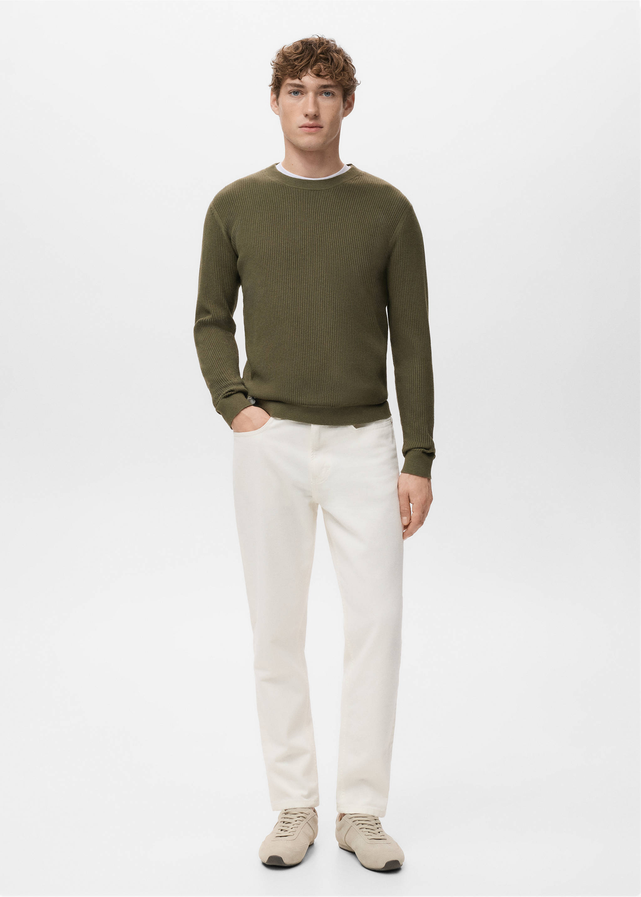 Fine rib-knit cotton sweater - General plane, Olive Green. Ref: 27031288-00.