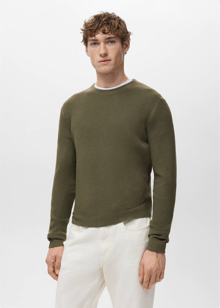 Fine rib-knit cotton sweater — Olive Green