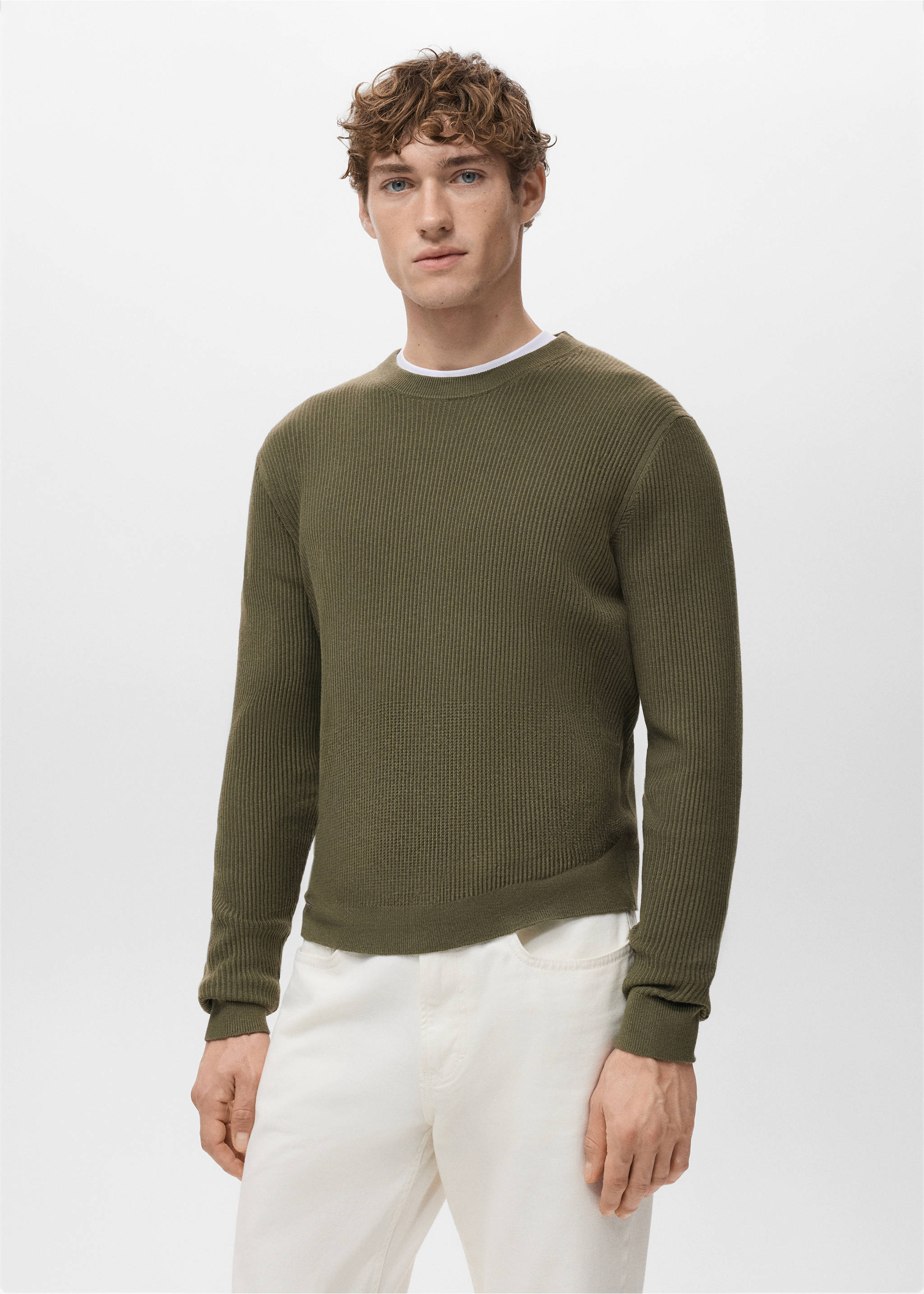 Fine rib-knit cotton sweater - Medium plane, Olive Green. Ref: 27031288-00.