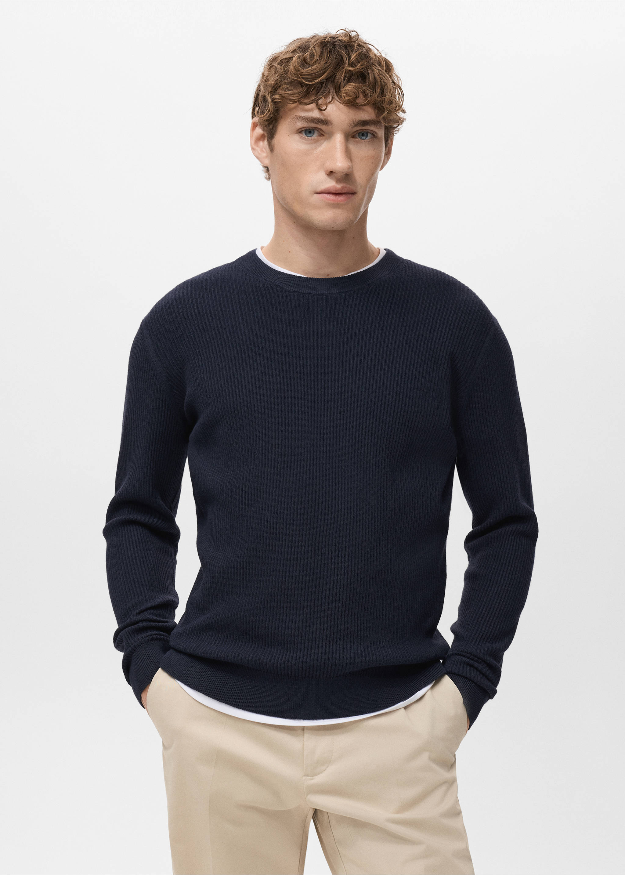 Fine rib-knit cotton sweater - Medium plane, Dark Navy. Ref: 27031288-00.