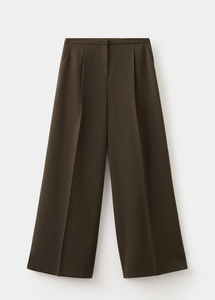 Wide leg mid-rise pleated trousers — Chocolate