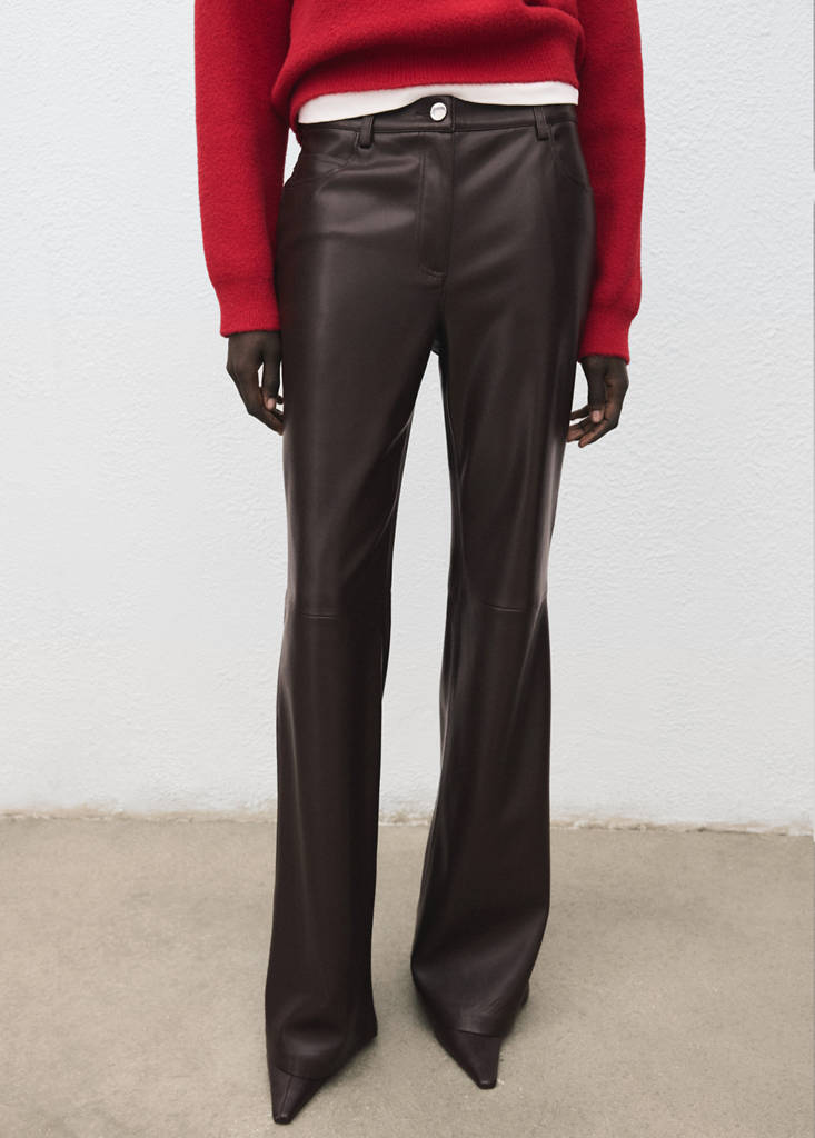 Faux-leather flared trousers — Chocolate