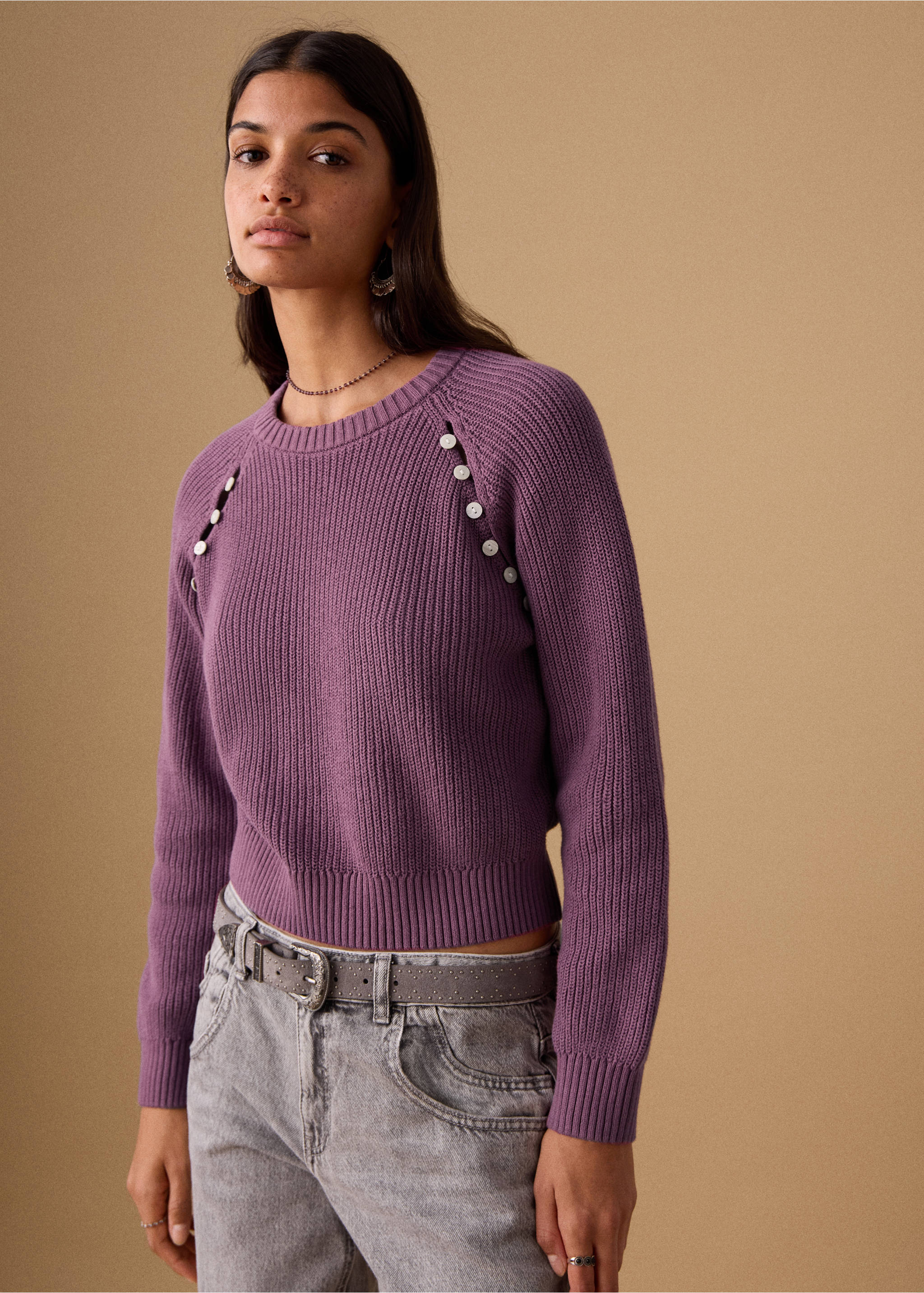 Buttons detail knit sweater - Medium plane, Pink. Ref: 27031300-00.