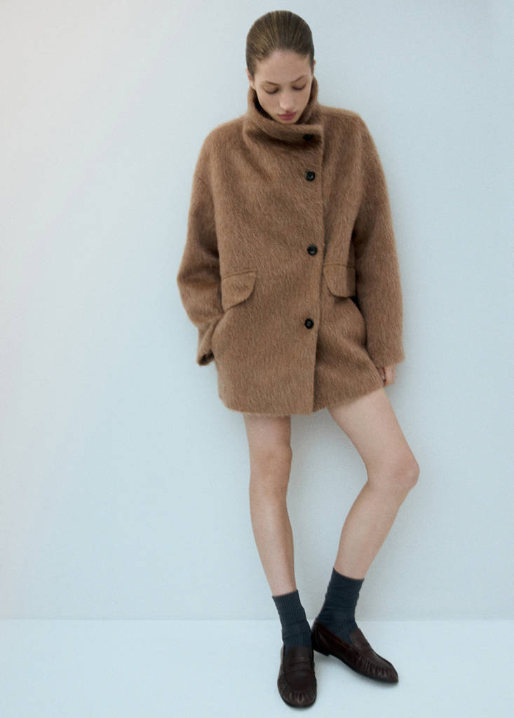 Wool-blend funnel-neck coat — Brown
