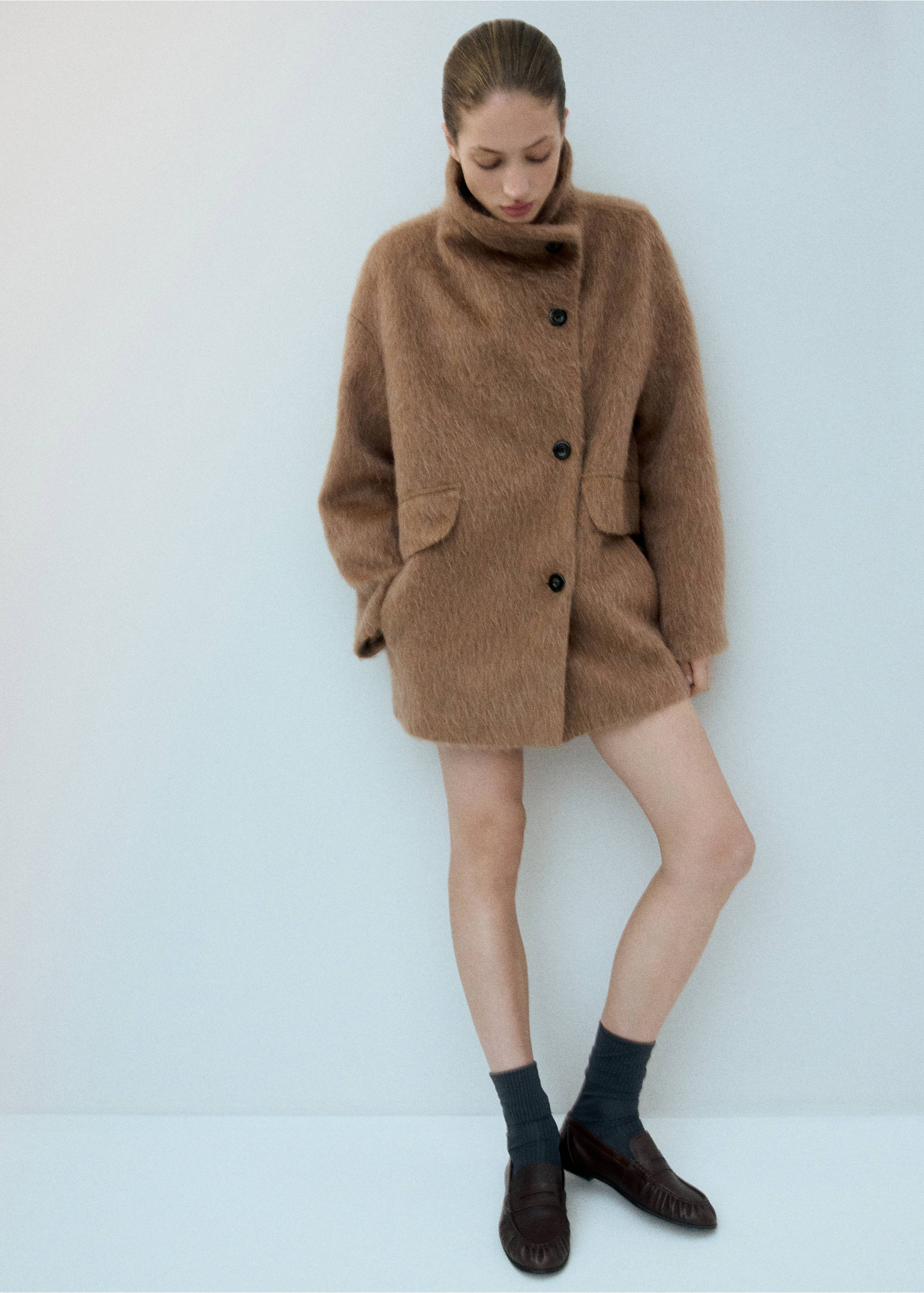 Wool-blend funnel-neck coat - General plane, Brown. Ref: 27031314-00.