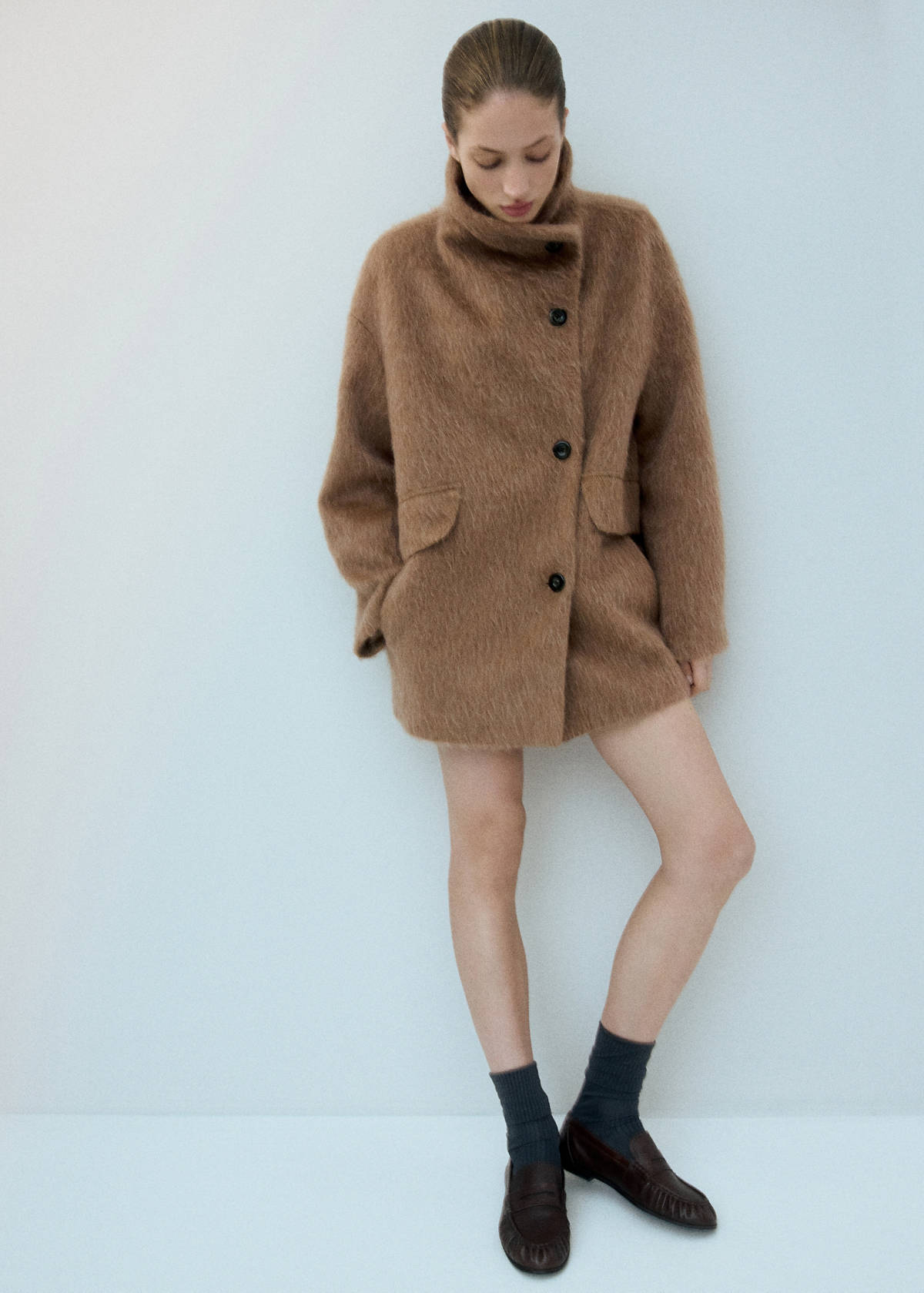 Wool-blend funnel-neck coat — Brown