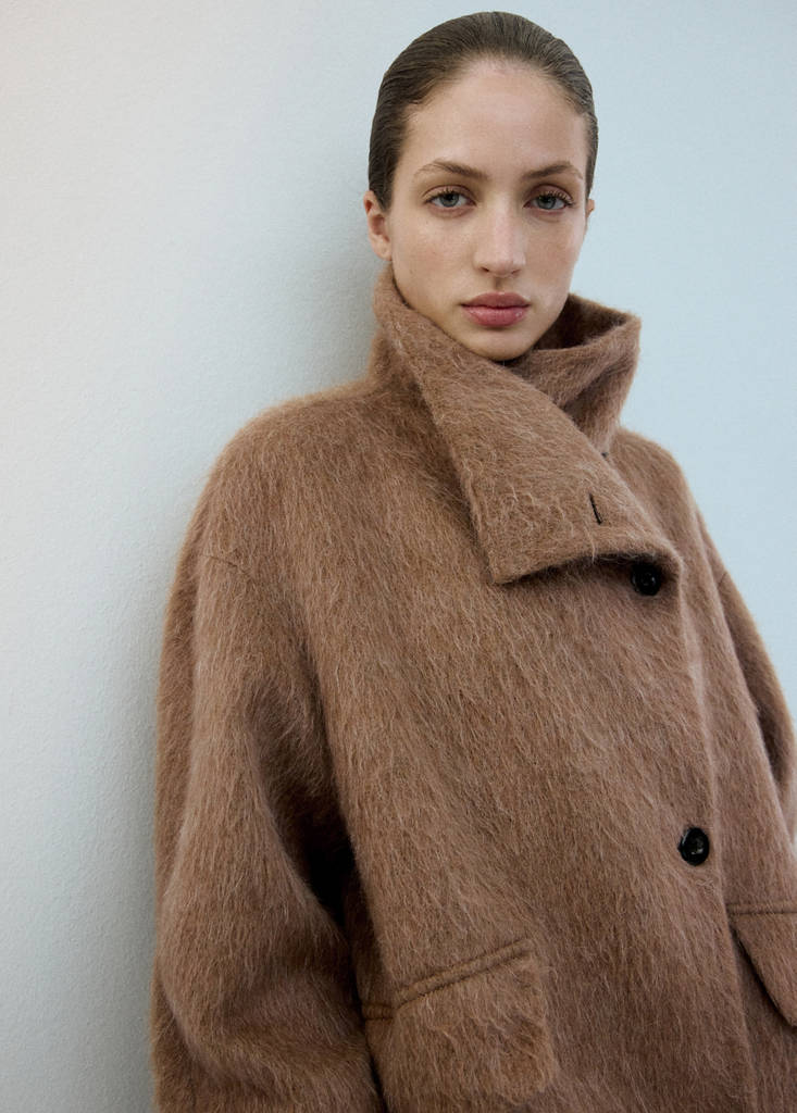 Wool-blend funnel-neck coat — Brown