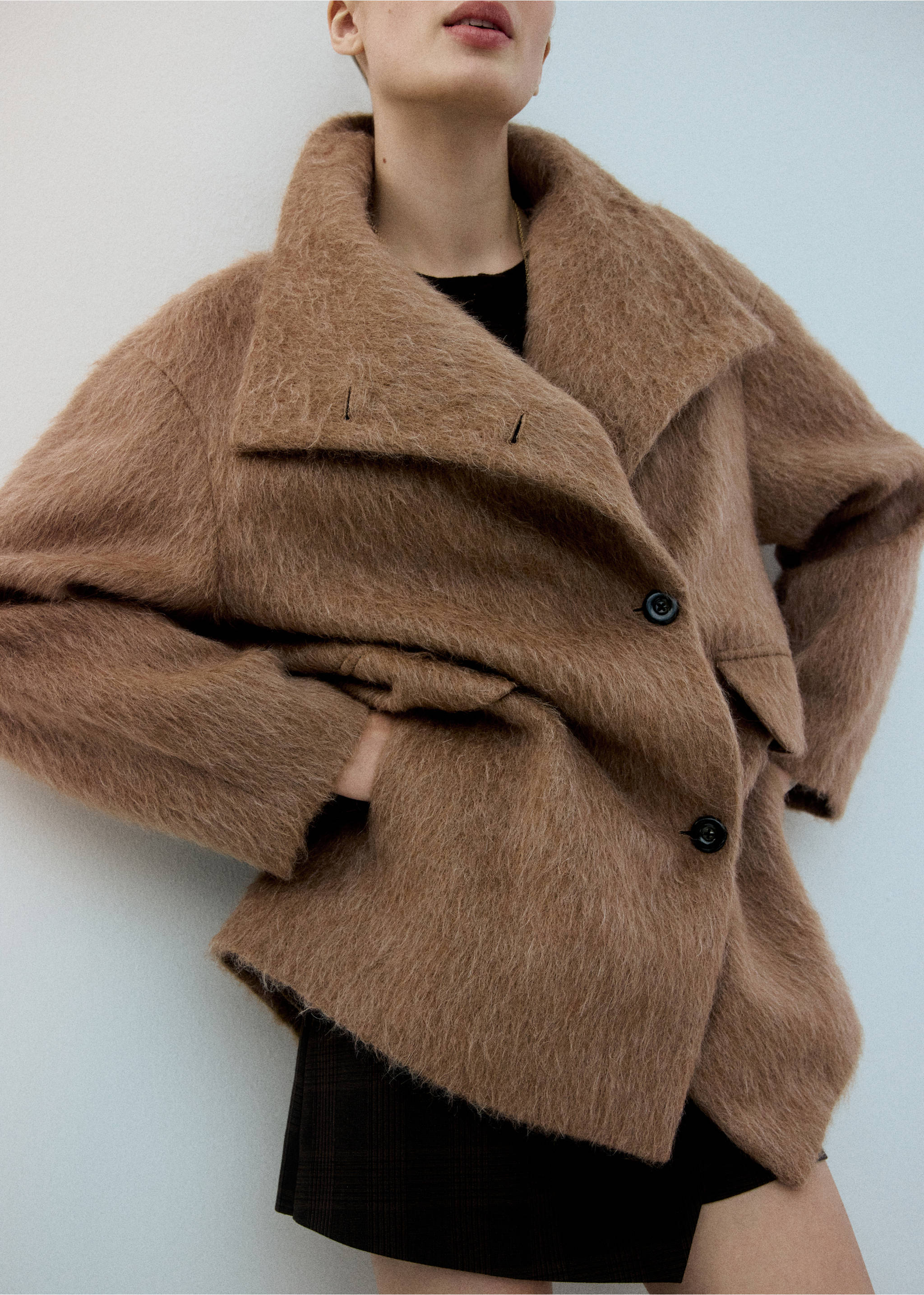 Wool-blend funnel-neck coat - Details of the article 1, Brown. Ref: 27031314-00.