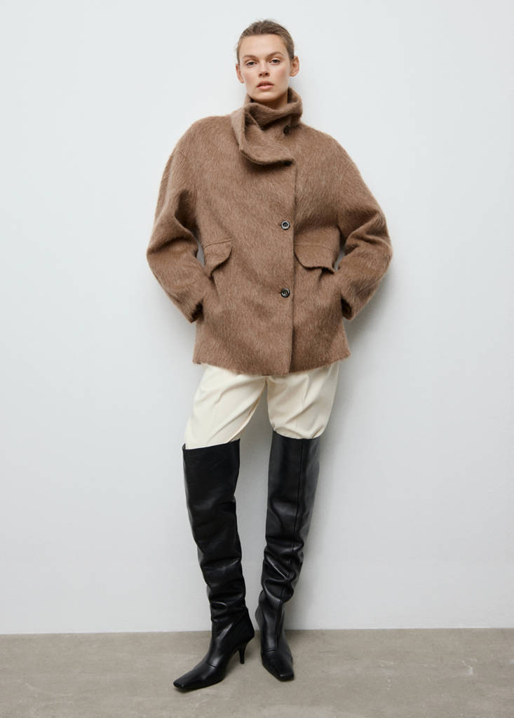 Wool-blend funnel-neck coat — Brown