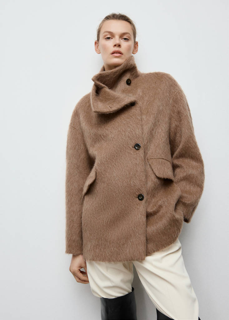 Wool-blend funnel-neck coat — Brown