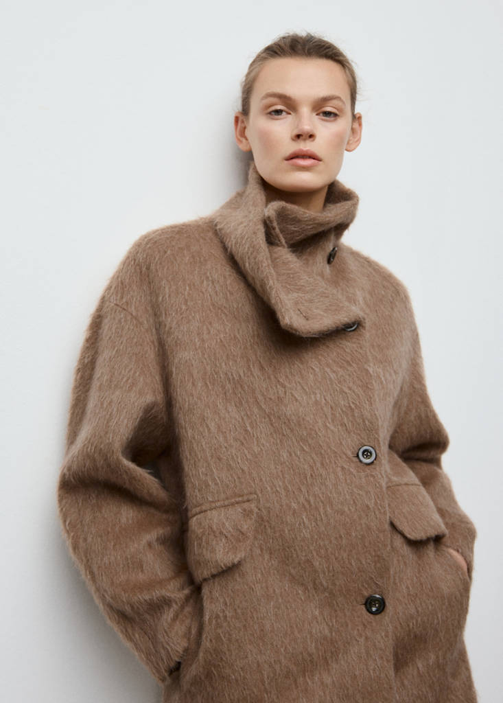 Wool-blend funnel-neck coat — Brown