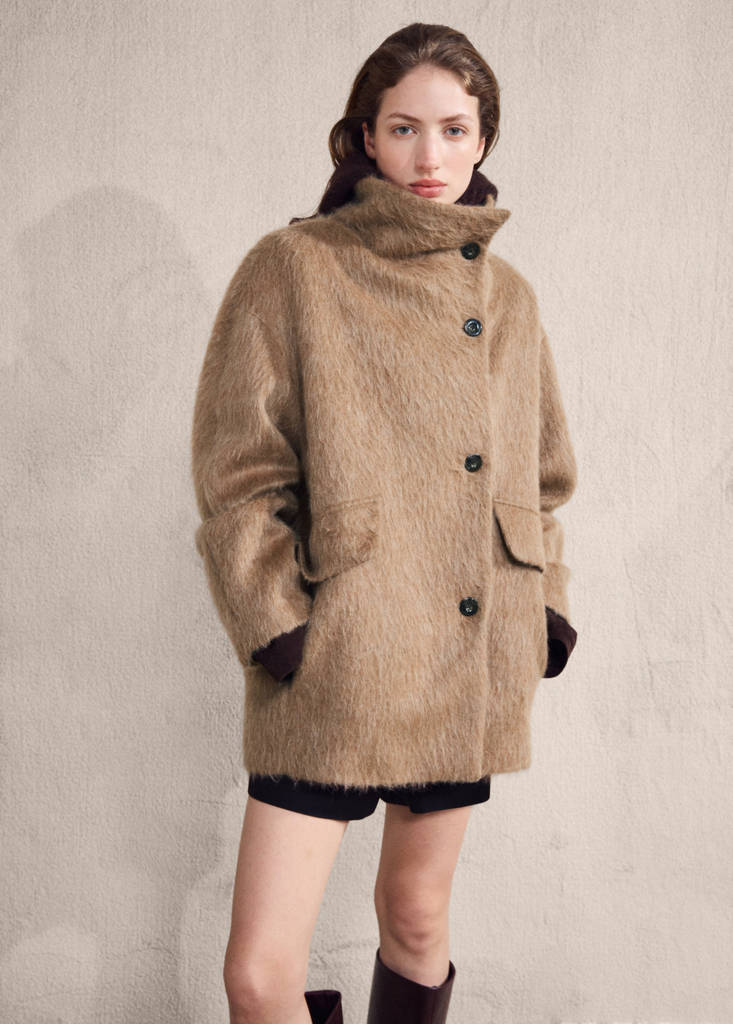 Wool-blend funnel-neck coat — Brown