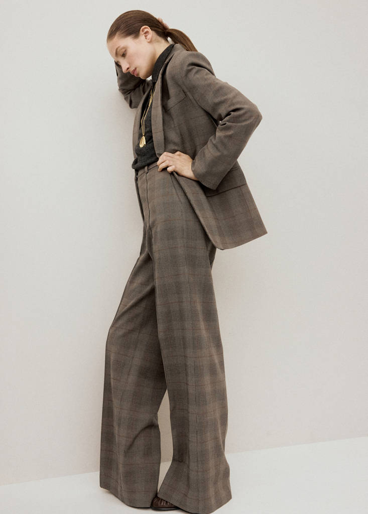 Wool-blend check trousers — Brown