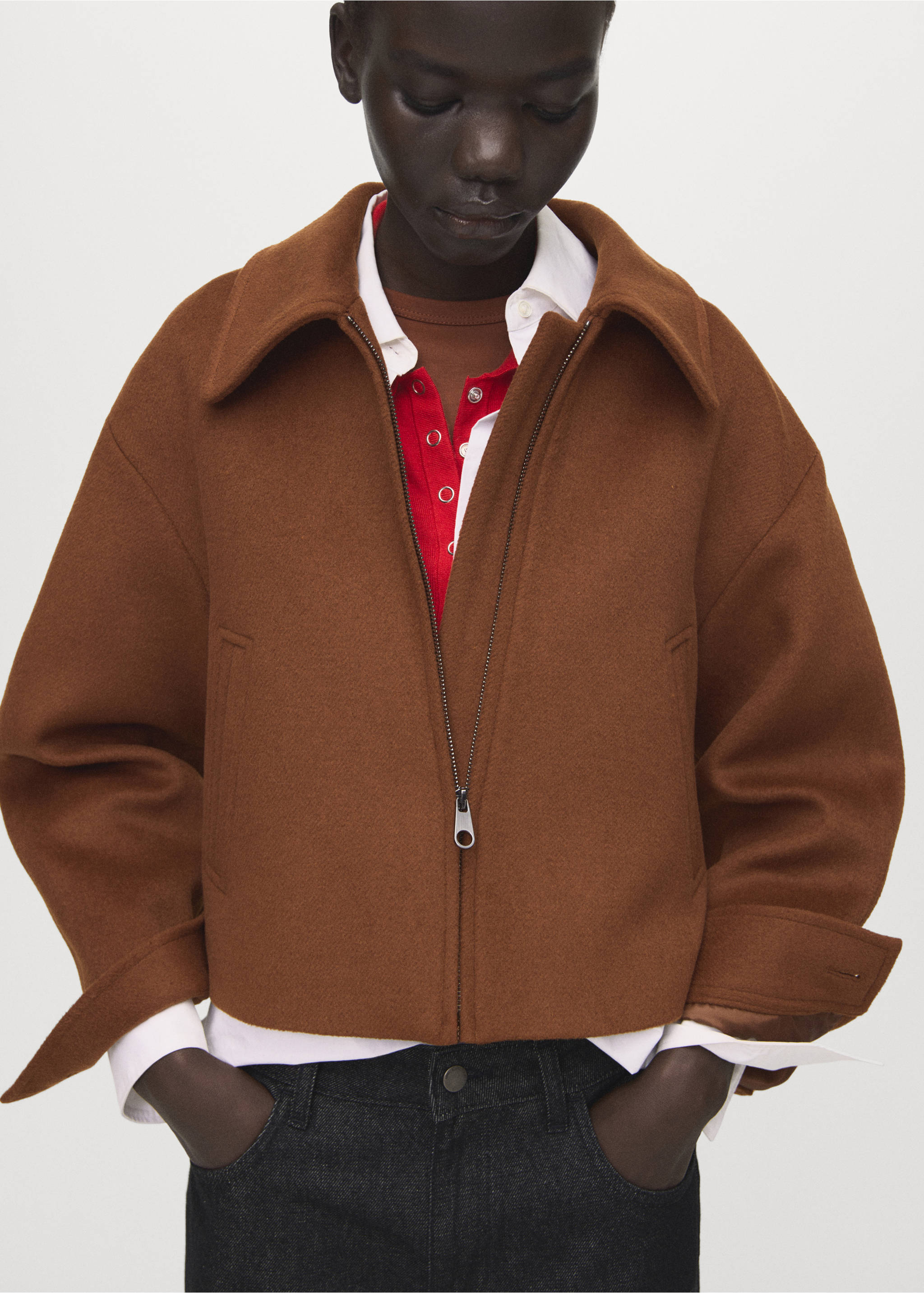 Sako z vlny s košilovým límcem - Náhled ve středové rovině, Středně hnědá. Ref: 27031334-00.