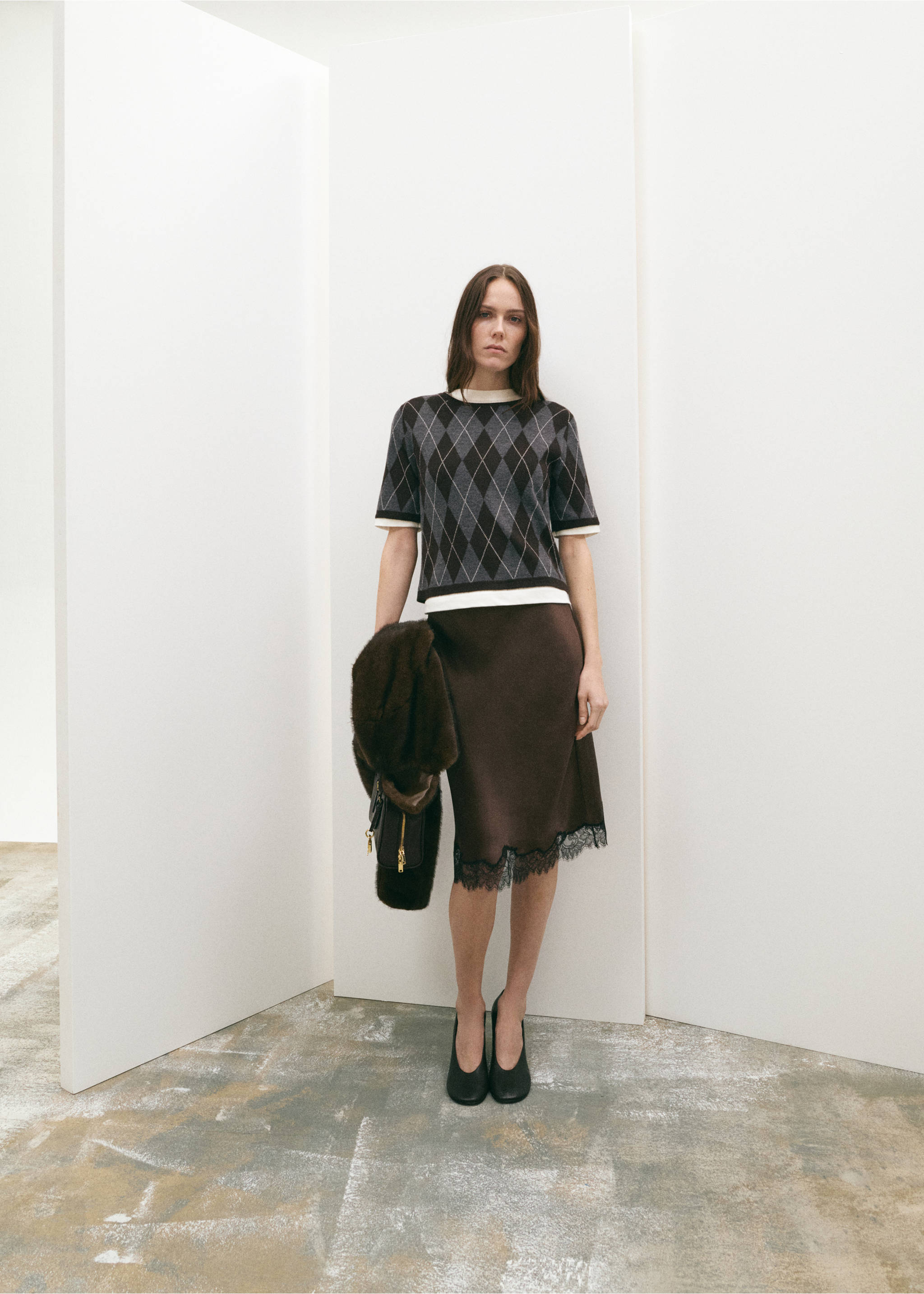 菱形图案短袖毛衣 - null, 灰色. Ref: 27031337-00.