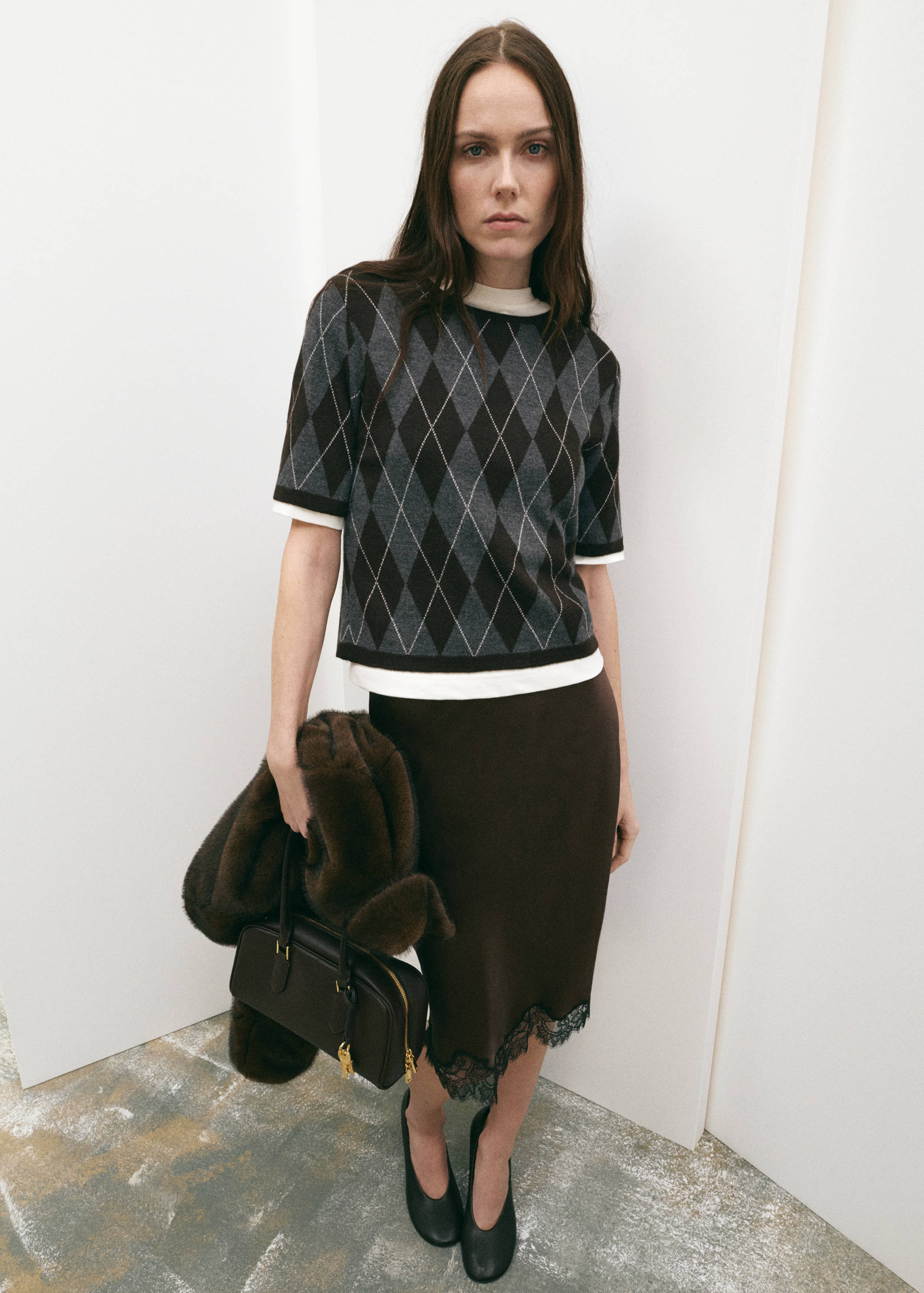 菱形图案短袖毛衣 - null