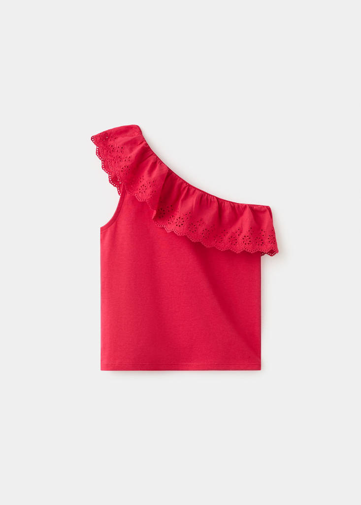 Ruffled asymmetric T-shirt — Red