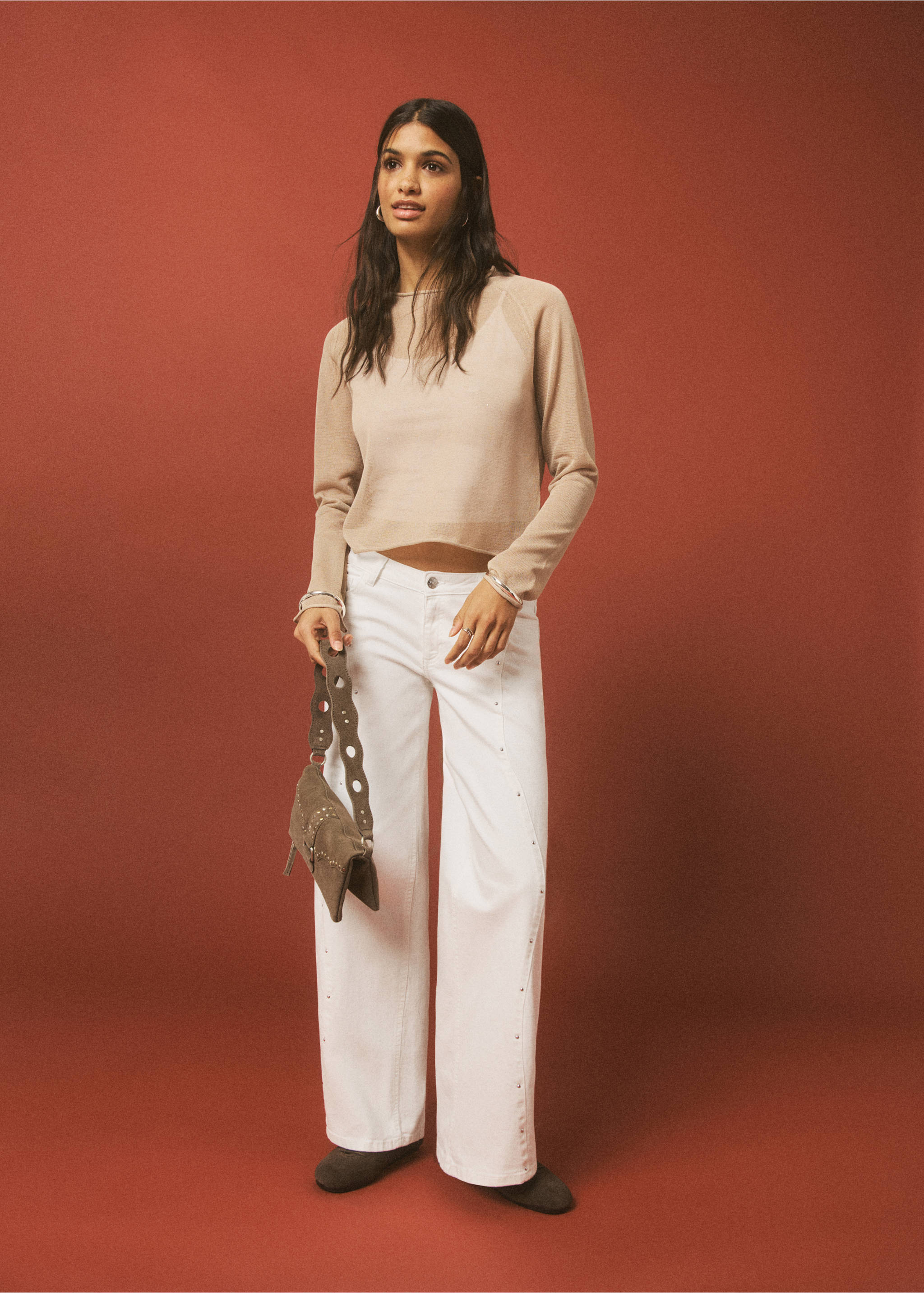 Low-waist studded jeans - General plane, White. Ref: 27031509-00.