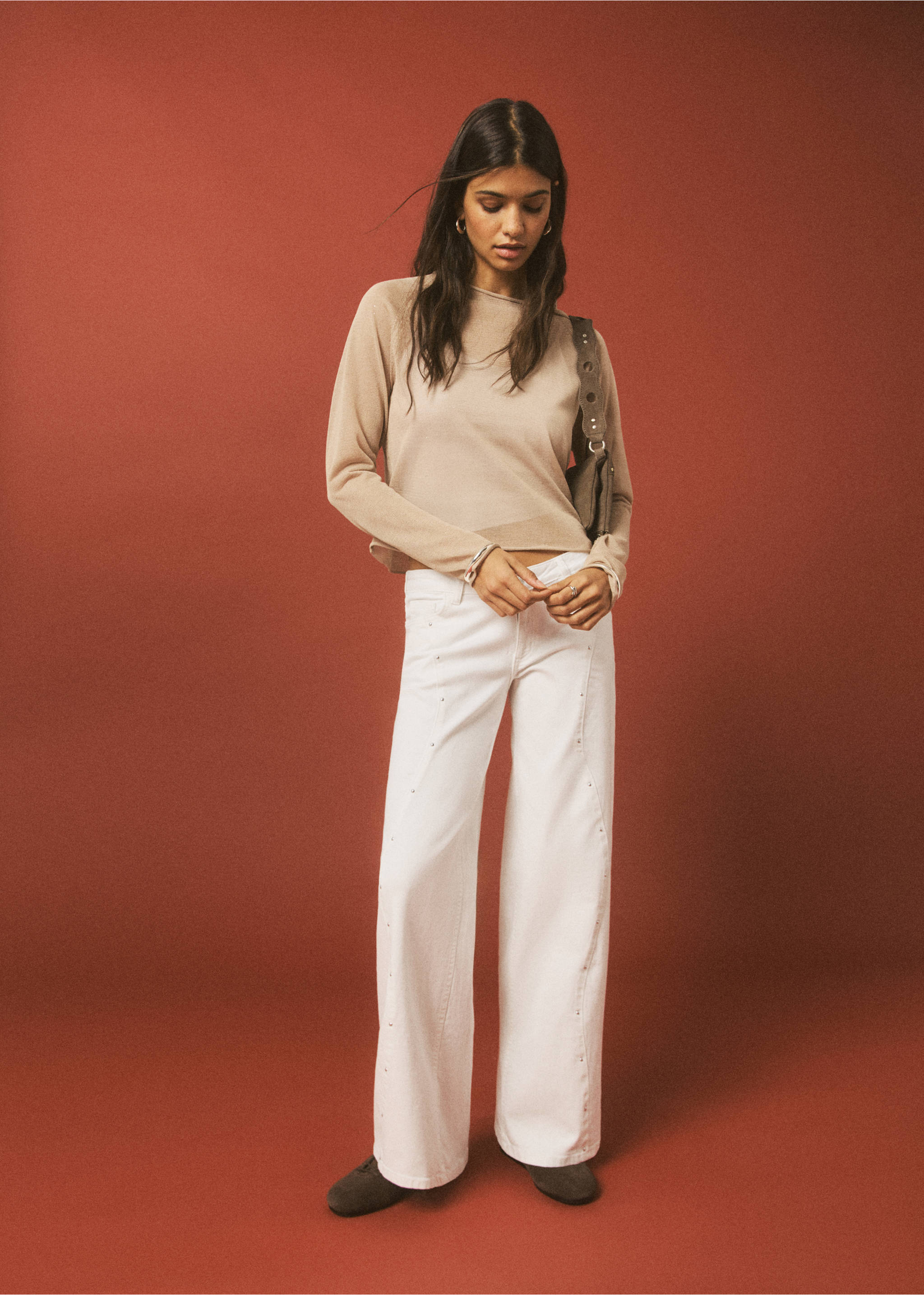 Low-waist studded jeans - Medium plane, White. Ref: 27031509-00.