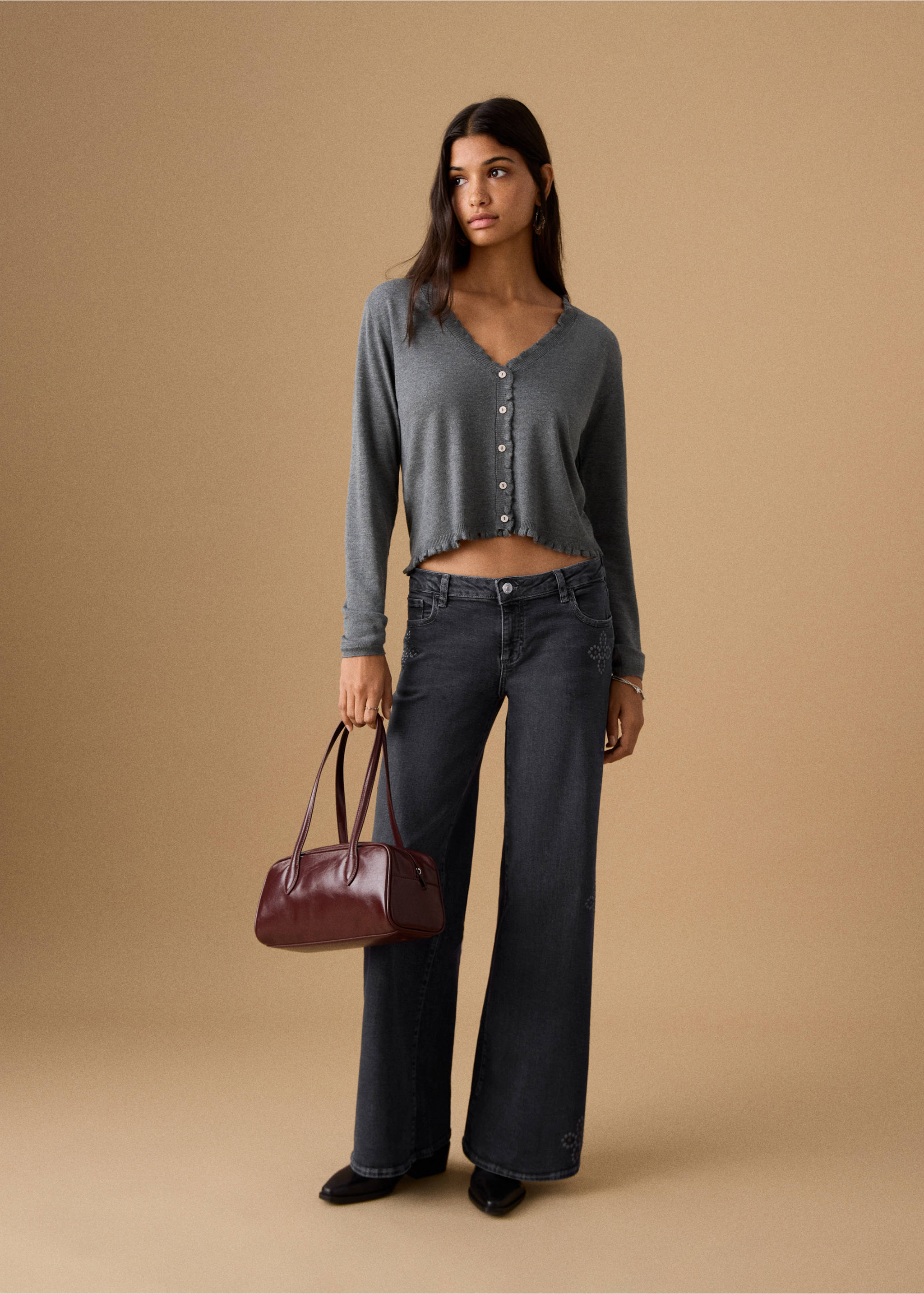 Вязаный кардиган с воланами - Общий план, Меланжевый средний серый . Ref: 27031514-00.