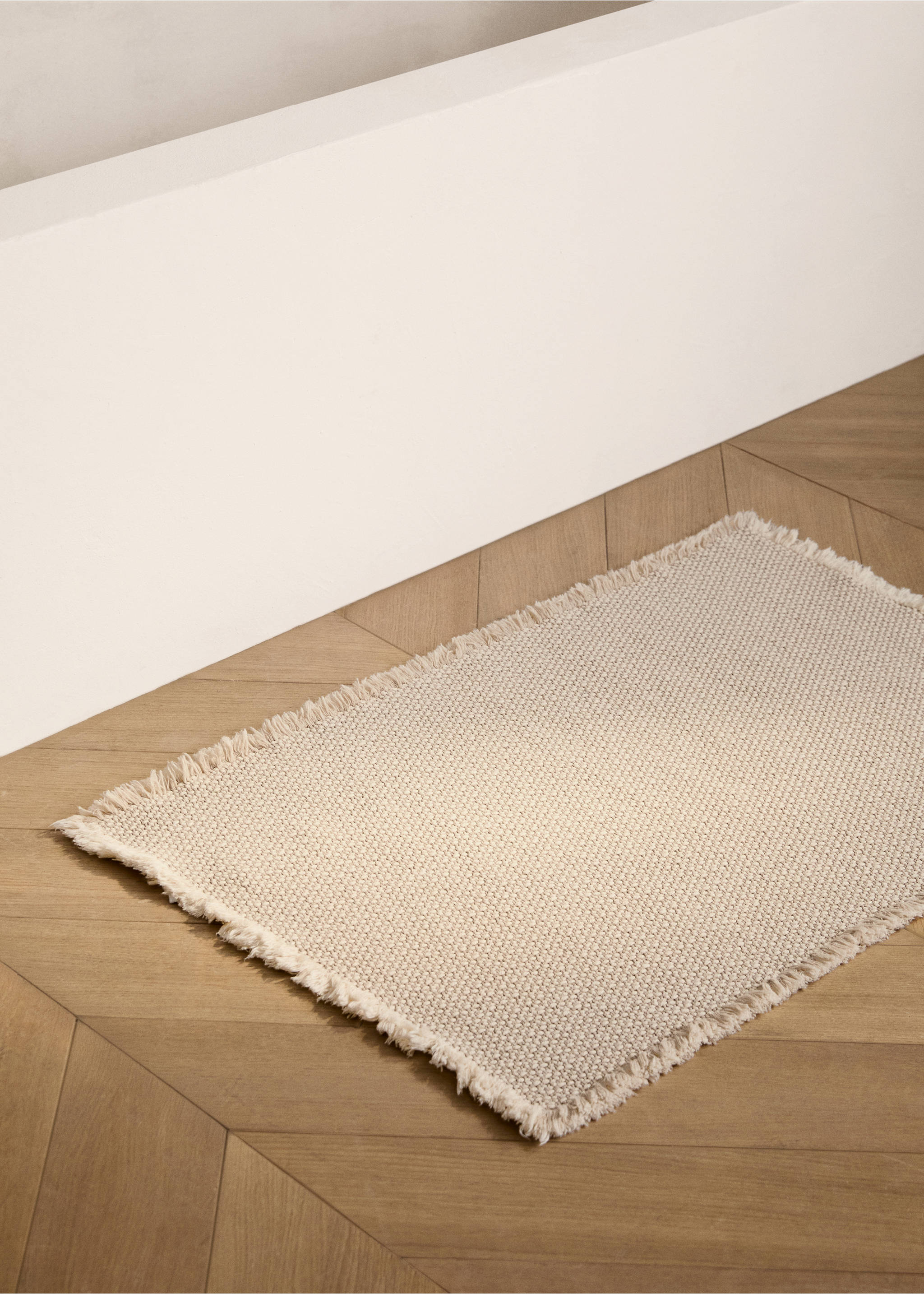 Cotton linen bathroom rug with fringes - General plane, Beige. Ref: 27031534-00.
