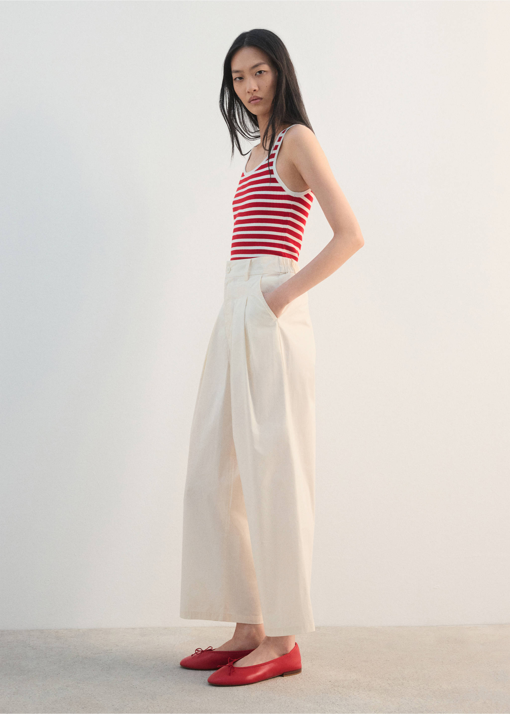 七分宽腿褶皱裤 - null, 浅黄色. Ref: 27032538-00.