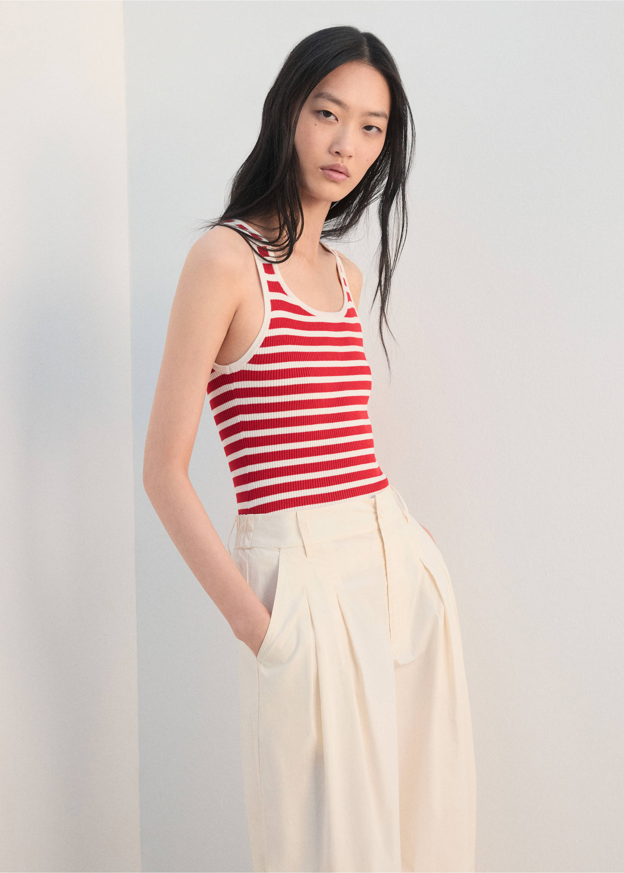 七分宽腿褶皱裤 - null, 浅黄色. Ref: 27032538-00.