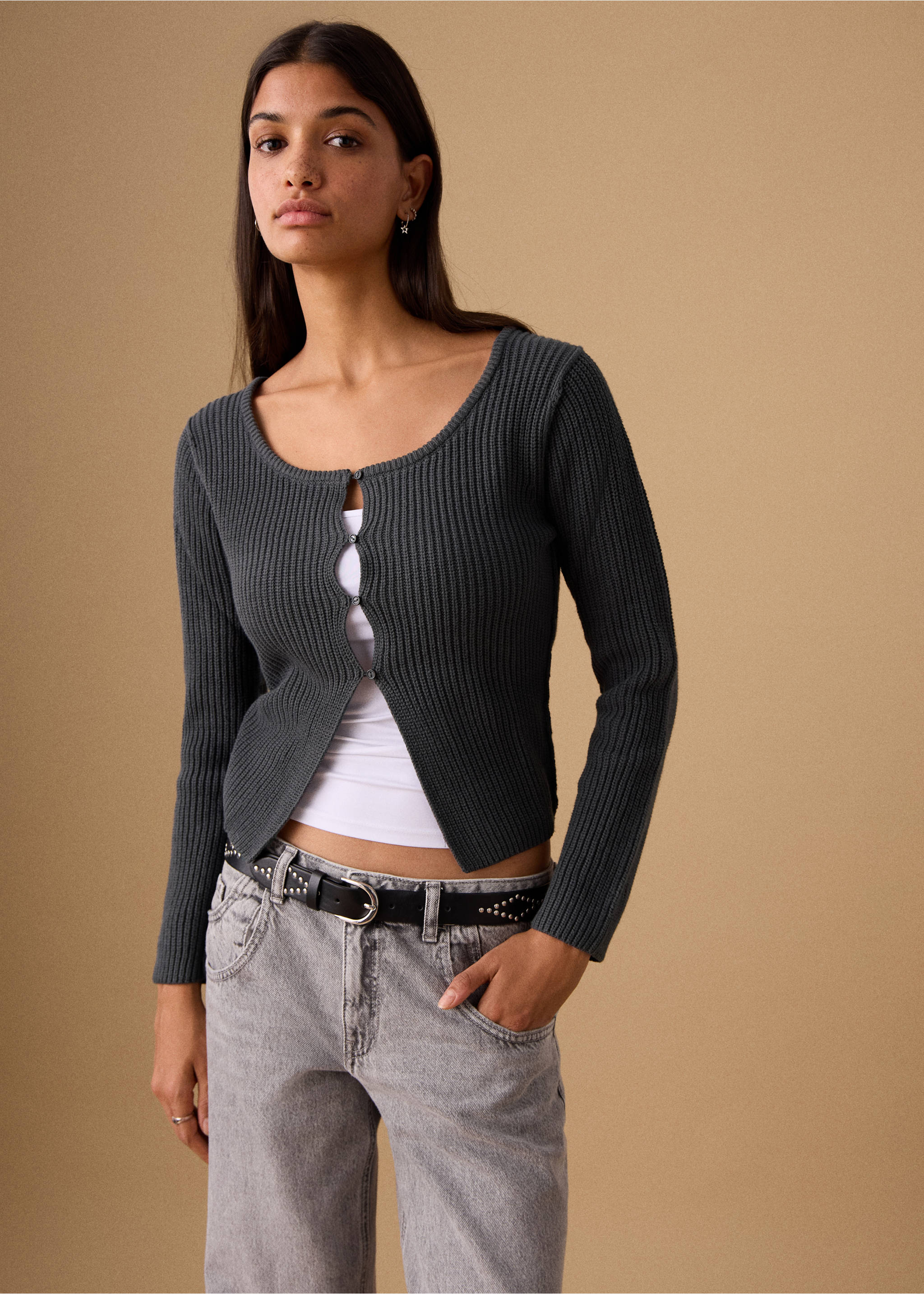 Knitted button cardigan - Medium plane, Charcoal. Ref: 27032543-00.