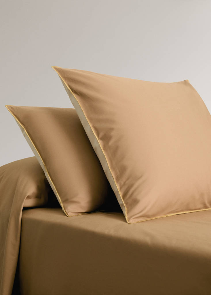 Two reversible colour percale cotton pillowcases 50x75 cm — Mustard