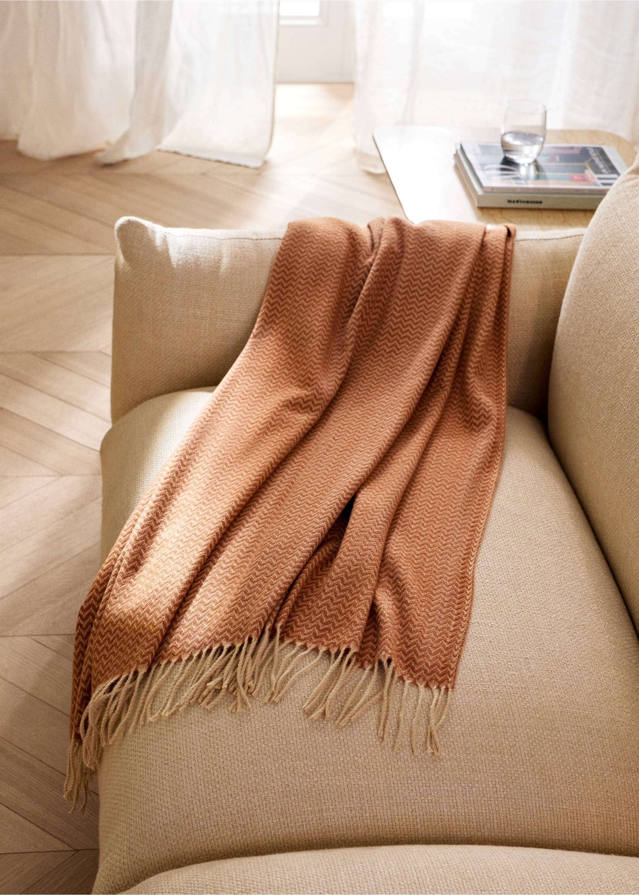 Soft throw with striped design and fringe detail - General plane, Russet. Ref: 27033284-00.