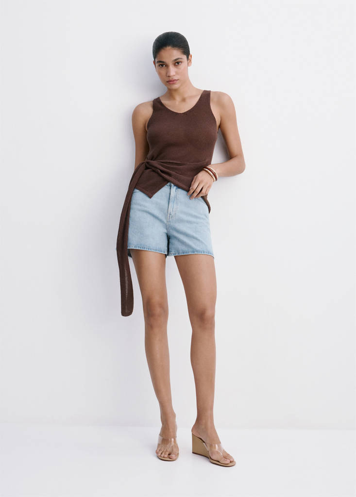High-waisted straight-fit denim shorts — Light Blue