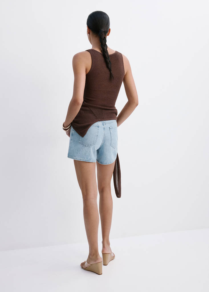 High-waisted straight-fit denim shorts — Light Blue