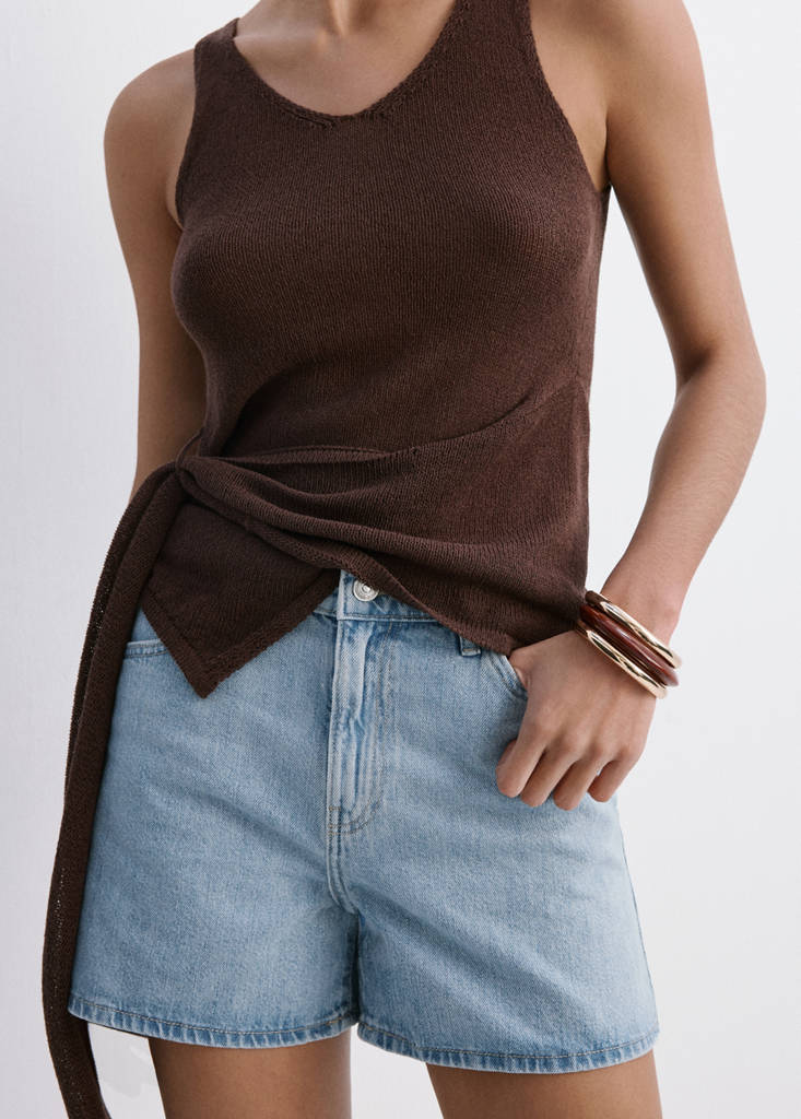High-waisted straight-fit denim shorts — Light Blue