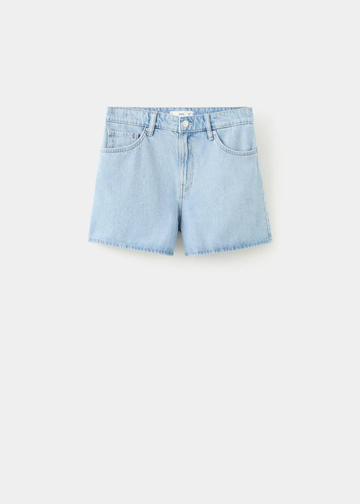 High-waisted straight-fit denim shorts — Light Blue