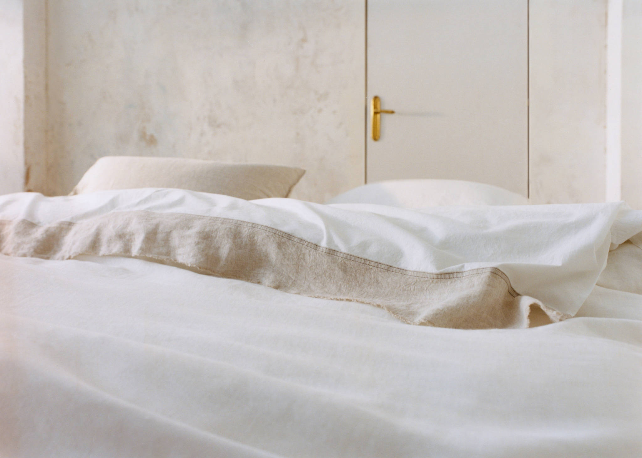 Washed cotton flat sheet with linen border for 150/160cm bed - Panoramic plane