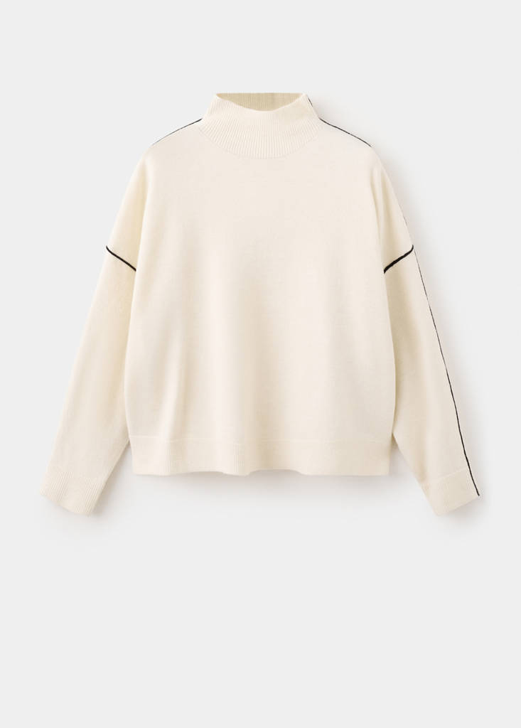 Sweater with contrasting stripes and perkins collar — Ecru