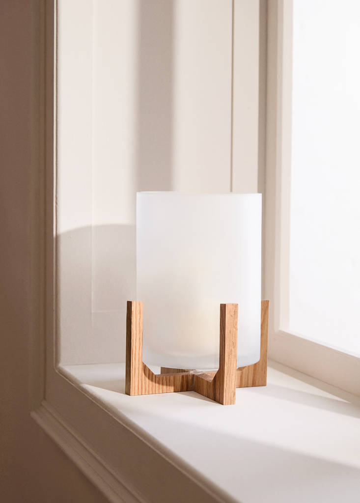 Glass lantern with oak wood stand — White