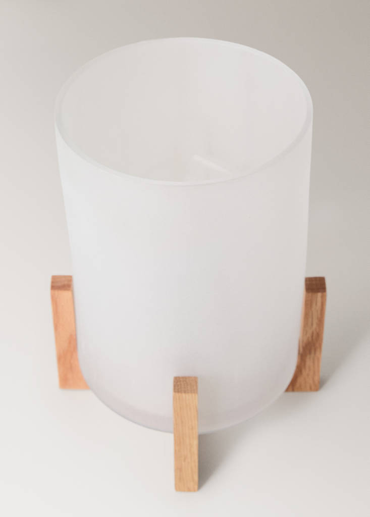 Glass lantern with oak wood stand — White