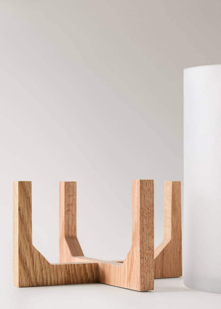 Glass lantern with oak wood stand — White
