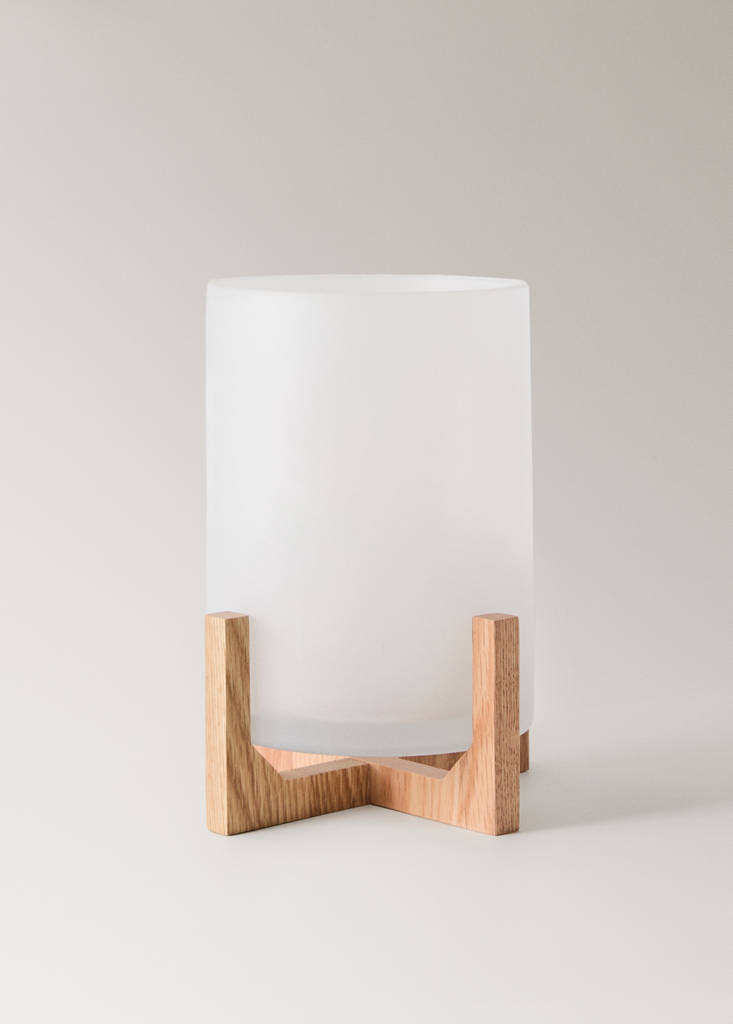 Glass lantern with oak wood stand — White