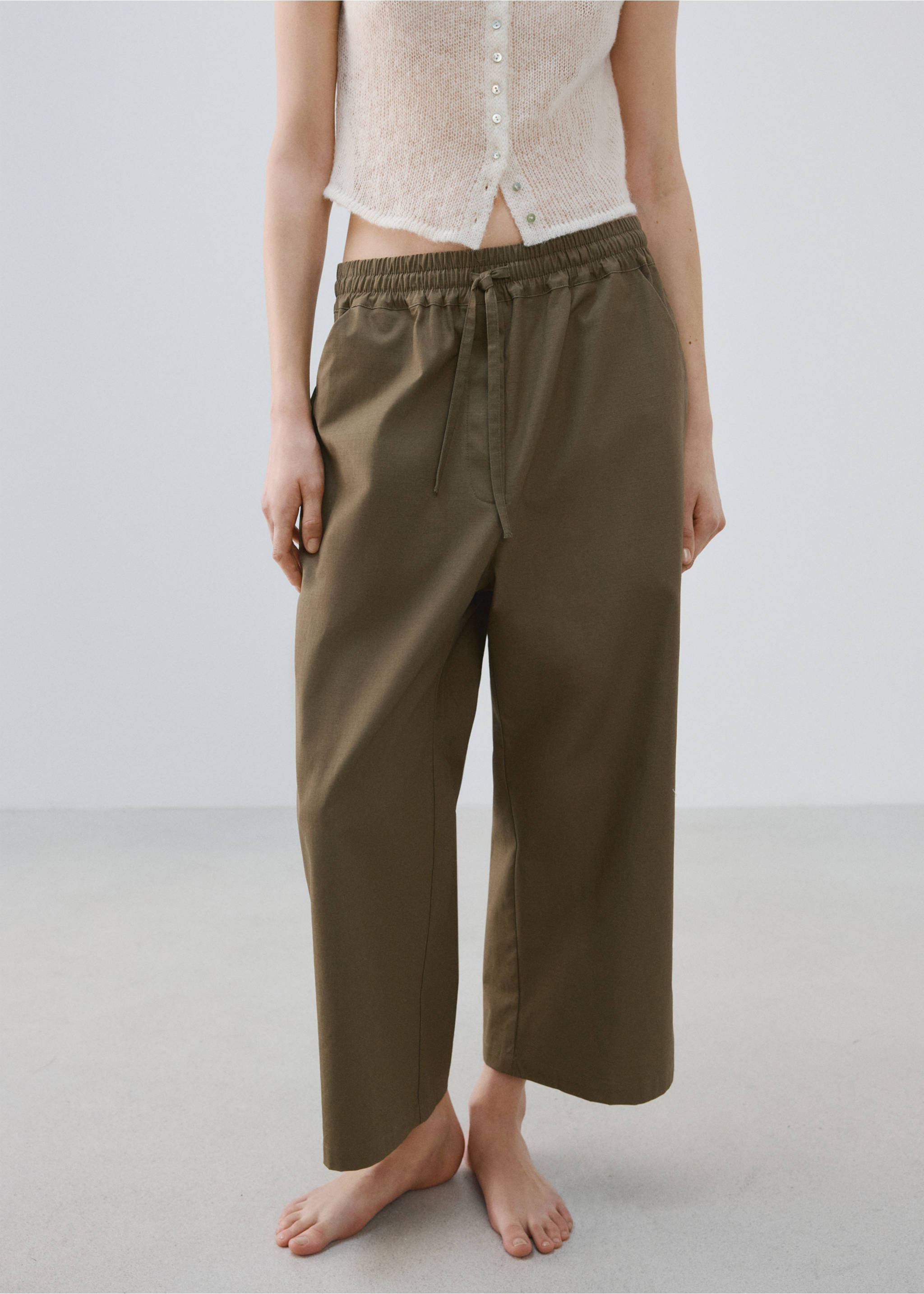 Long cotton pyjama trousers - Medium plane, Khaki. Ref: 27033322-00.